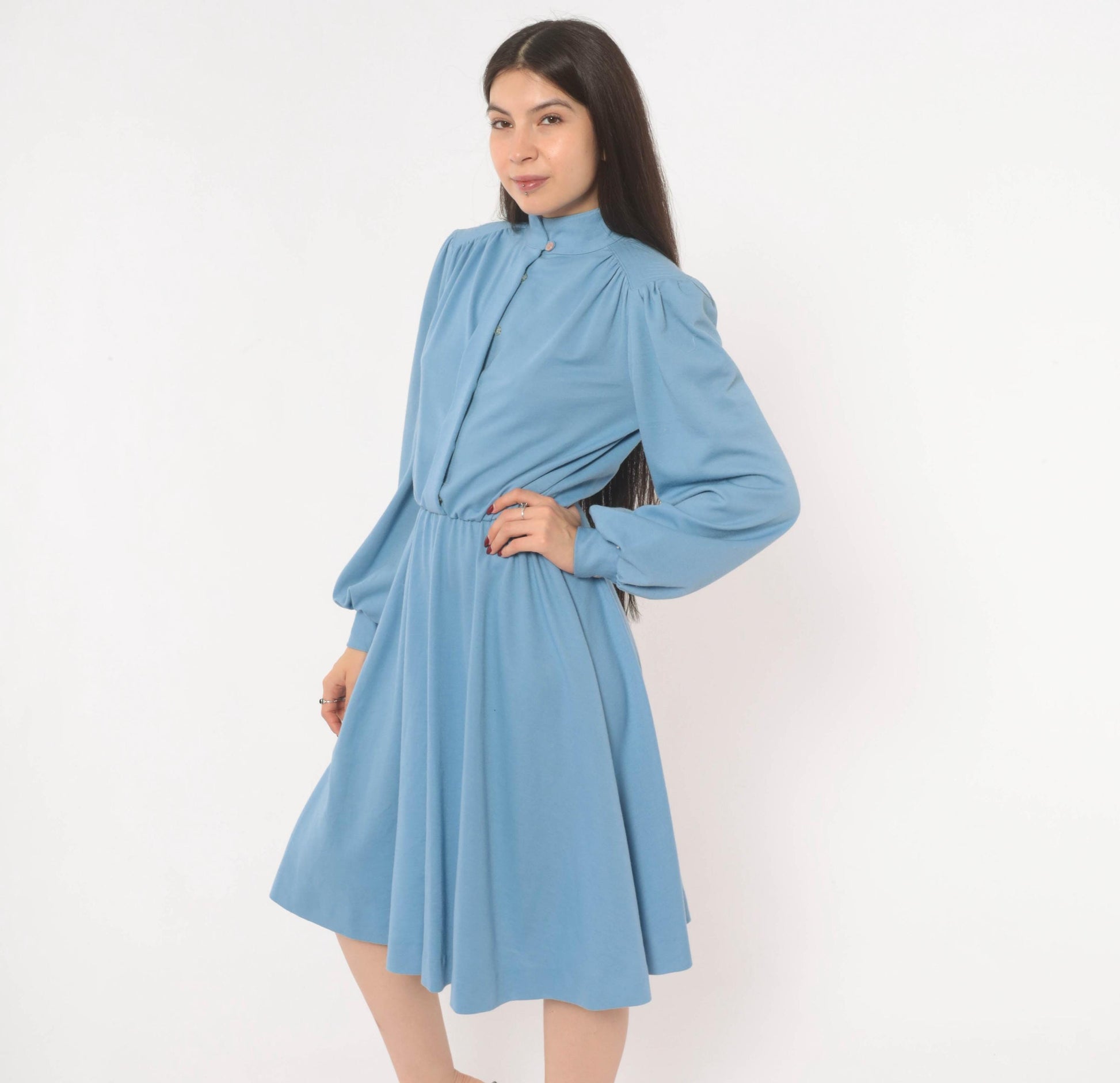70s Sky Blue Sunshine Alley Dress Bishop Sleeve Quilted Yoke Knee Length Medium M