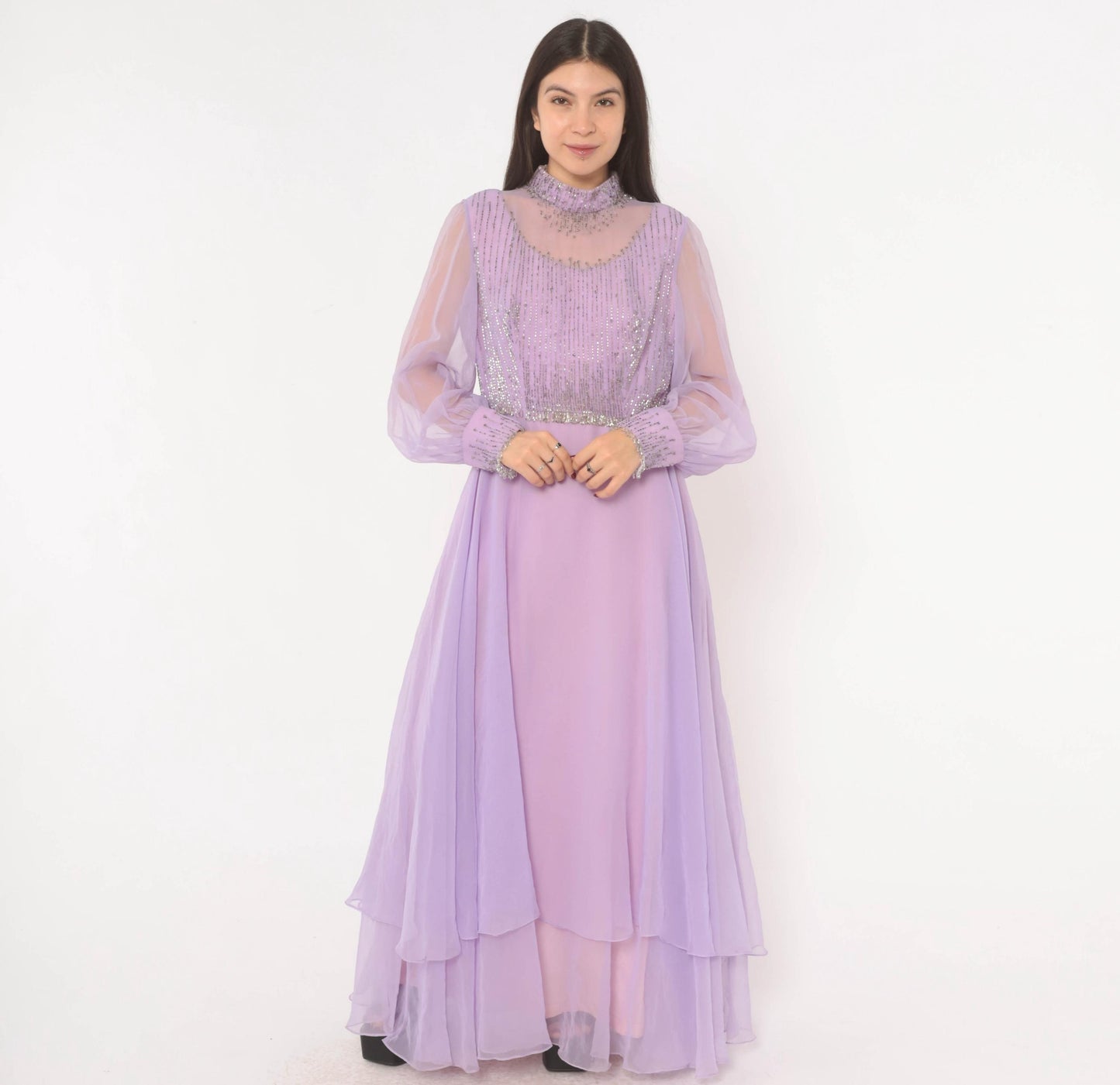 70s Lavender Chiffon Maxi Dress Beaded Bodice Bishop Sleeve Evening Gown Large L