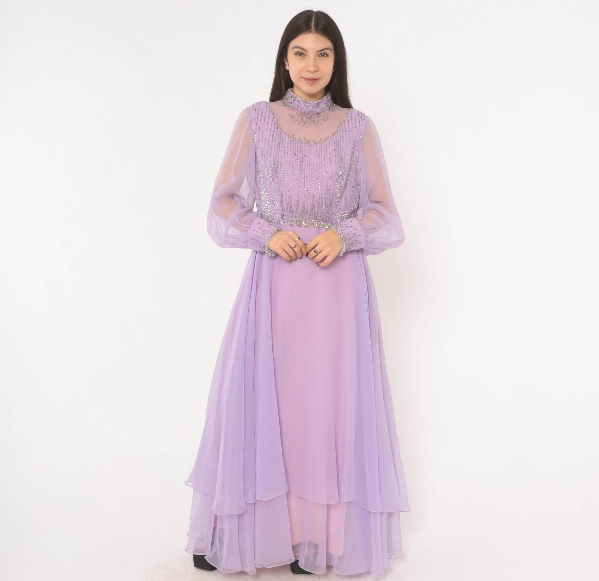 70s Lavender Chiffon Maxi Dress Beaded Bodice Bishop Sleeve Evening Gown Large L