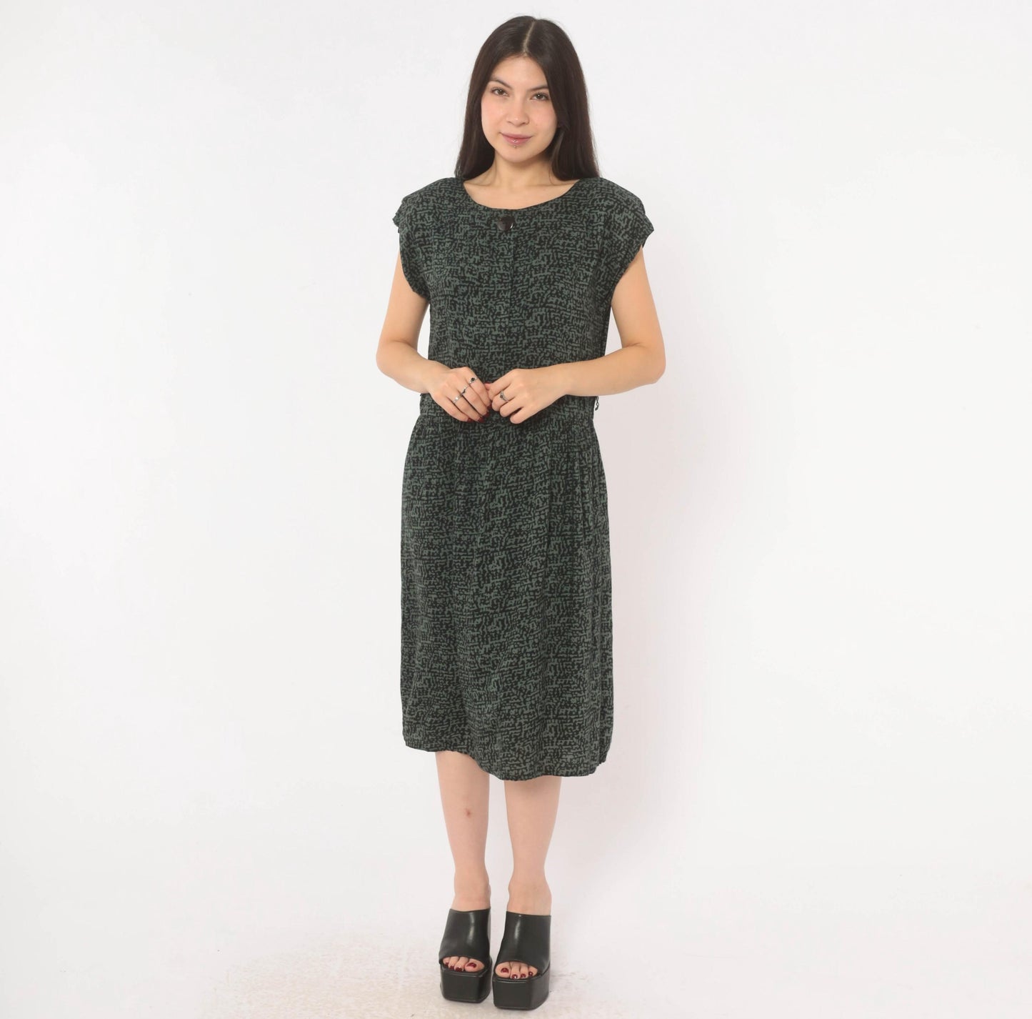90s Items Abstract Print Dress Olive Black Cap Sleeve Medium M