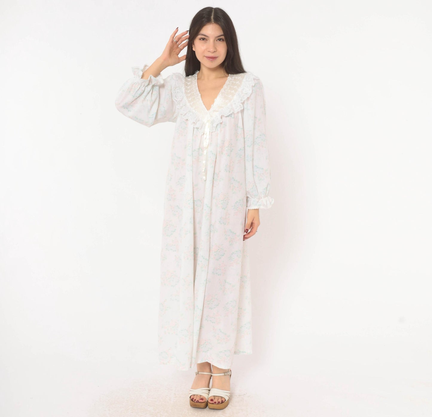 90s Gilligan O'Malley Floral Maxi Robe Puff Sleeve Eyelet Collar Pink Teal Medium M