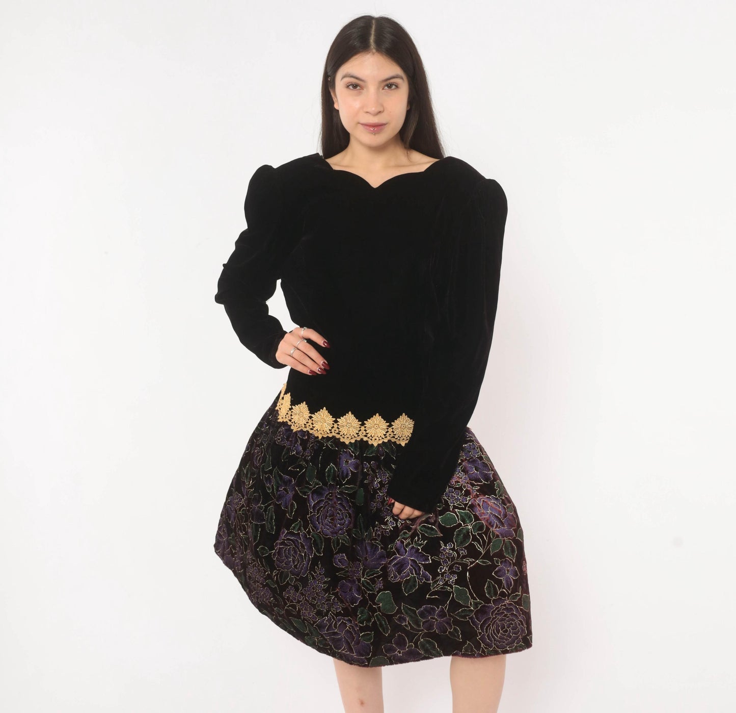 90s Scott Mcclintock Black Velvet Drop Waist Dress Purple Floral Open Back Large