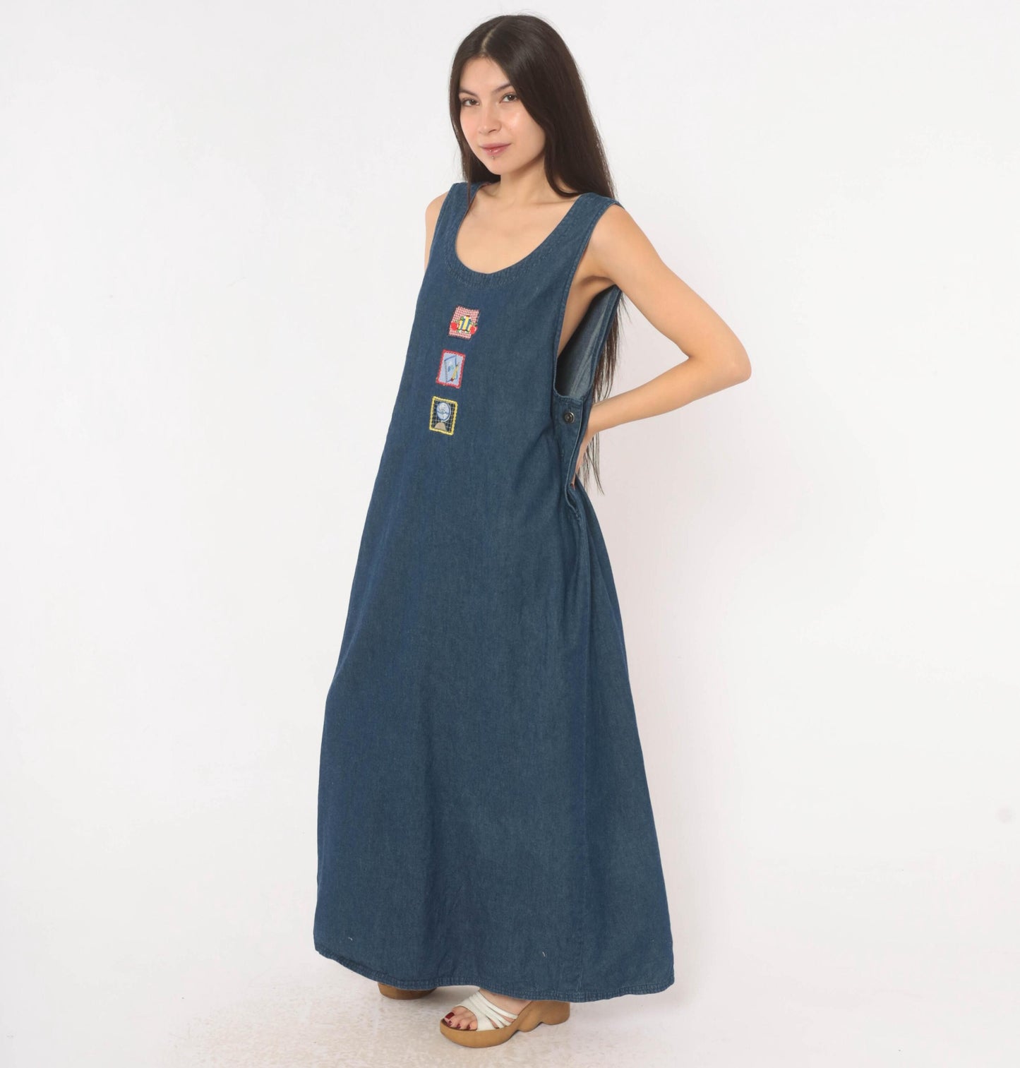 90s White Stag Navy Denim Maxi Jumper Dress School Patches Large L