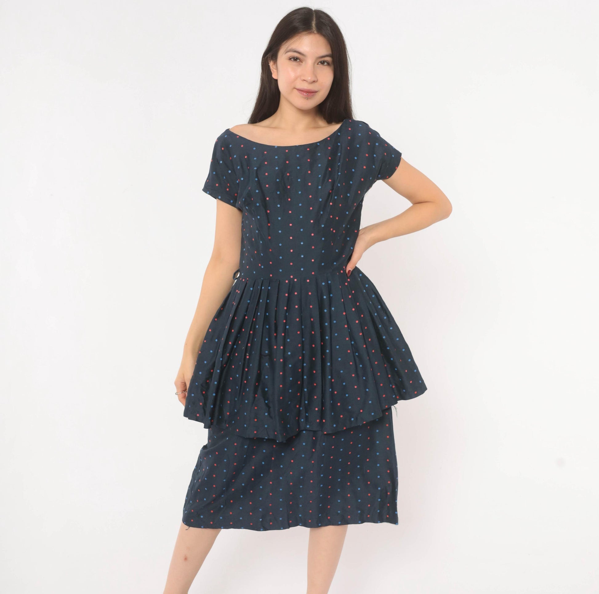 60s Navy Polka Dot Peplum Dress Red Blue Cap Sleeve Fitted Waist Medium M