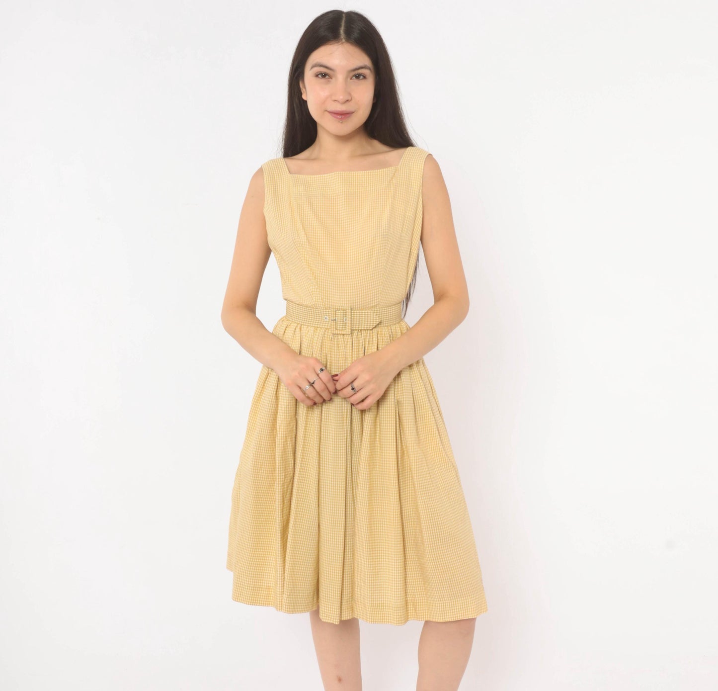 1950s P.S. Andrews Co Gingham Sundress Yellow White Cotton Fit Flare Extra Small XS
