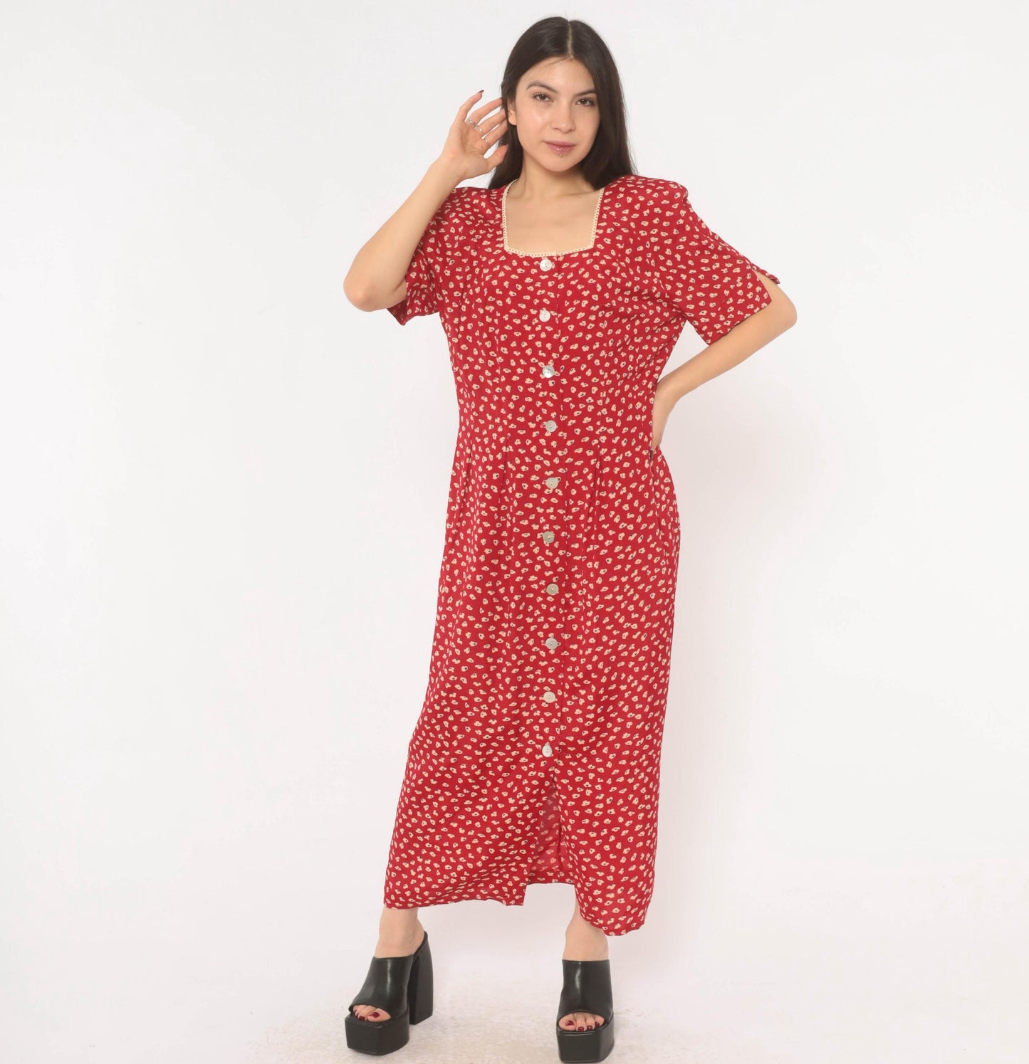 90s Anthony Mark Hankins Red Floral Maxi Dress Square Neck Lace Trim Large L