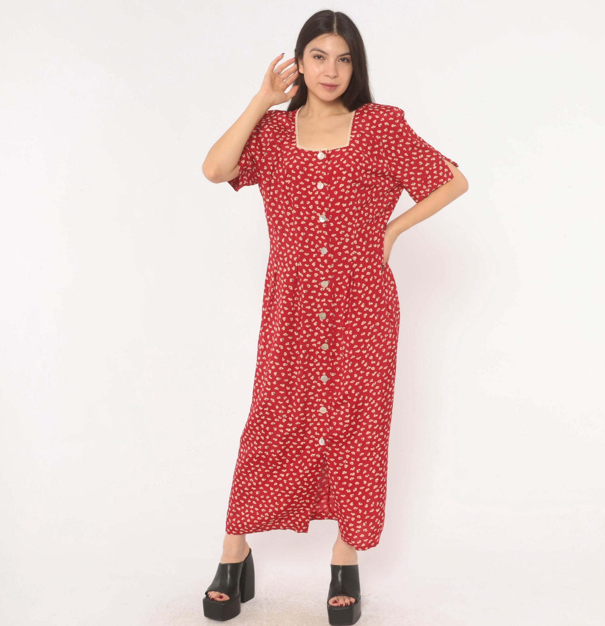 90s Anthony Mark Hankins Red Floral Maxi Dress Square Neck Lace Trim Large L