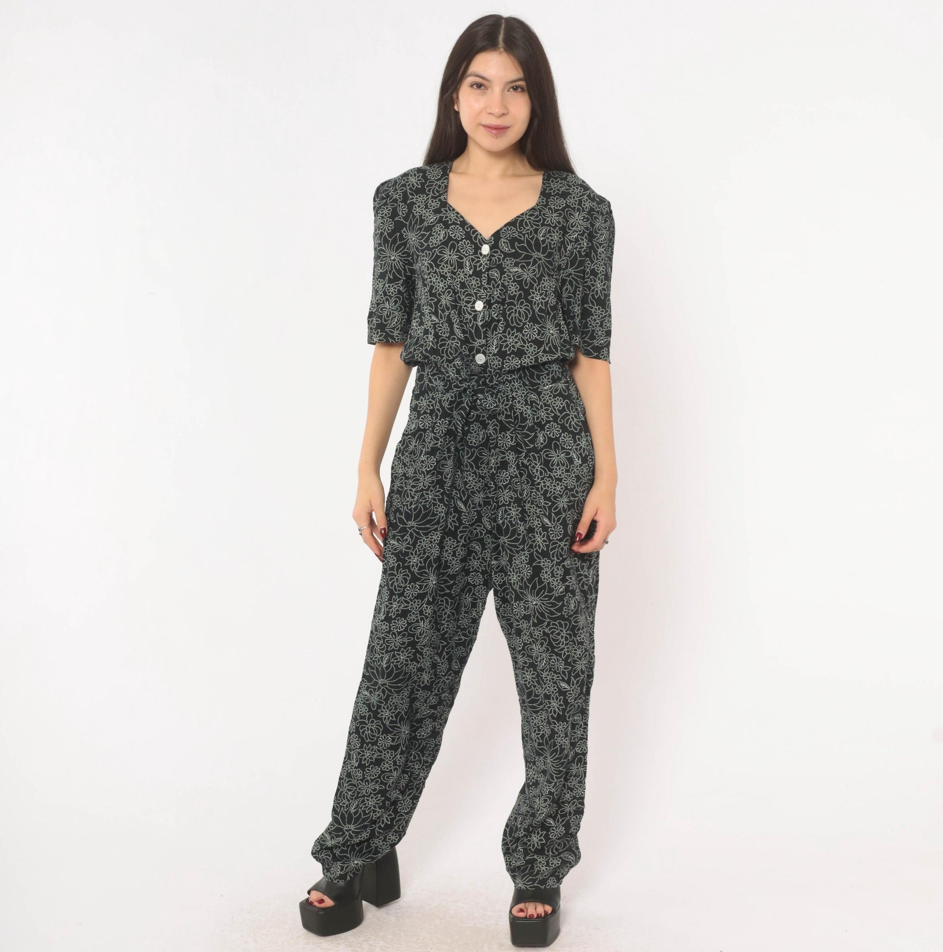 90s Molly Malloy Floral Jumpsuit Black White Dotted Print V Neck Small