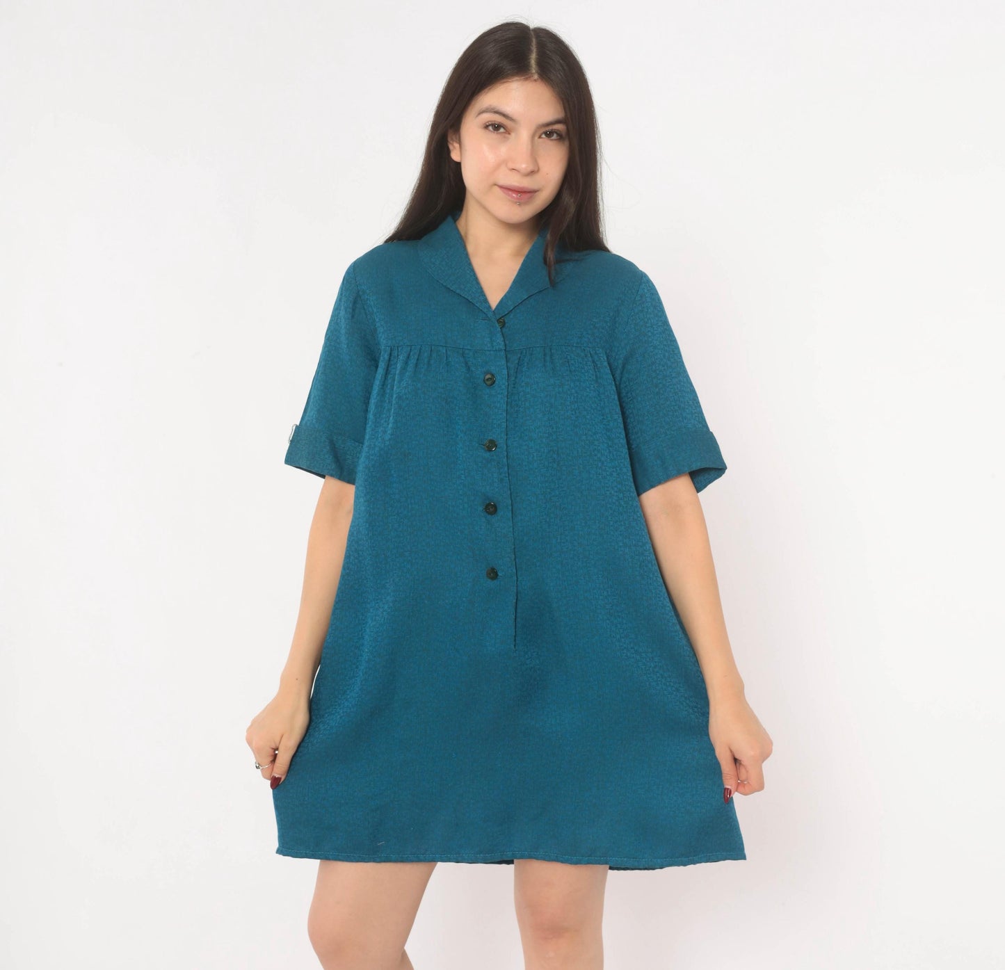 60s Royal Dry Goods Mod Shift Dress Teal Button Front Cotton Medium M