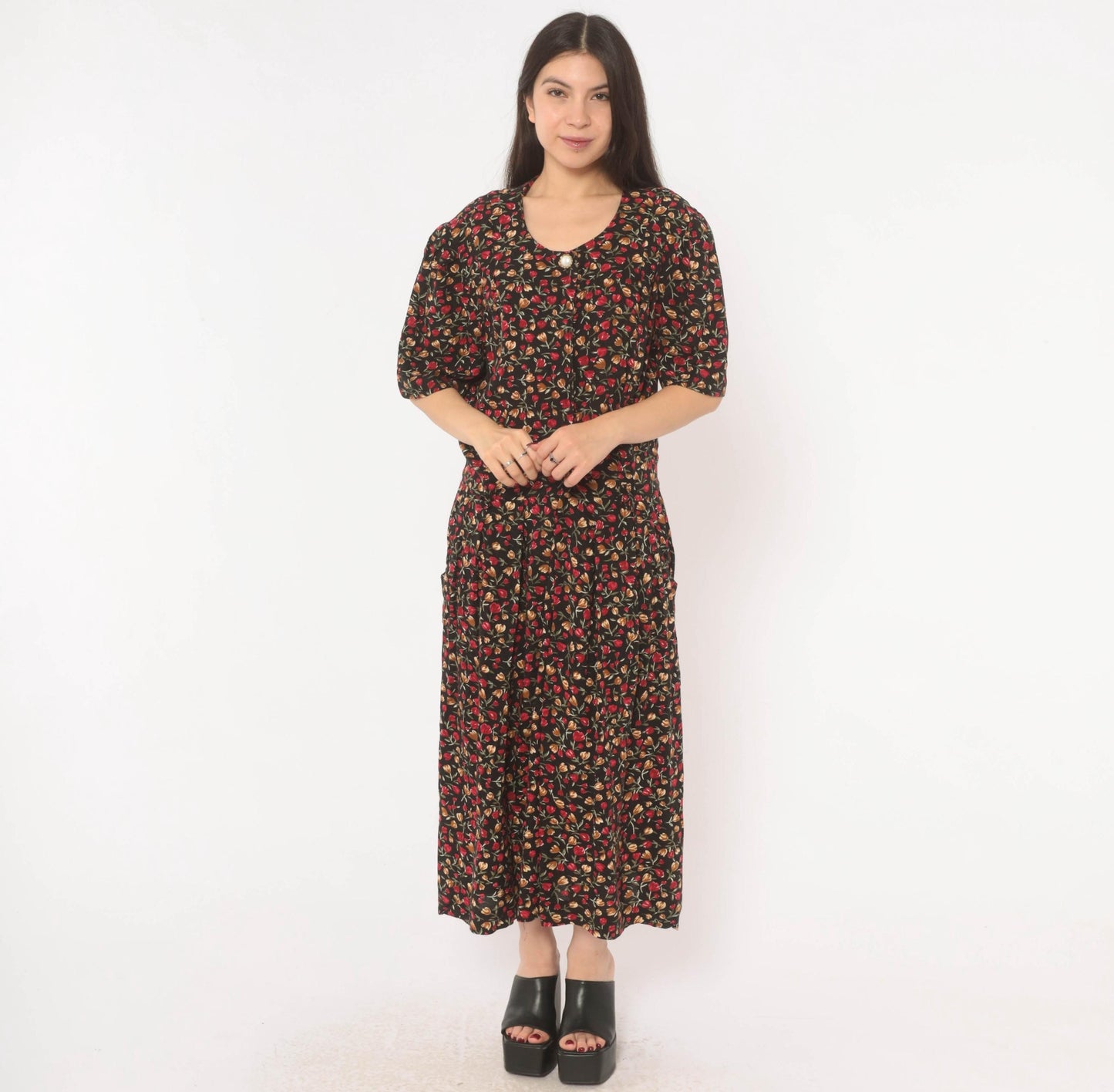 90s Periwinkle Black Tulip Maxi Dress Red Floral Puff Sleeve Plus Size XXL