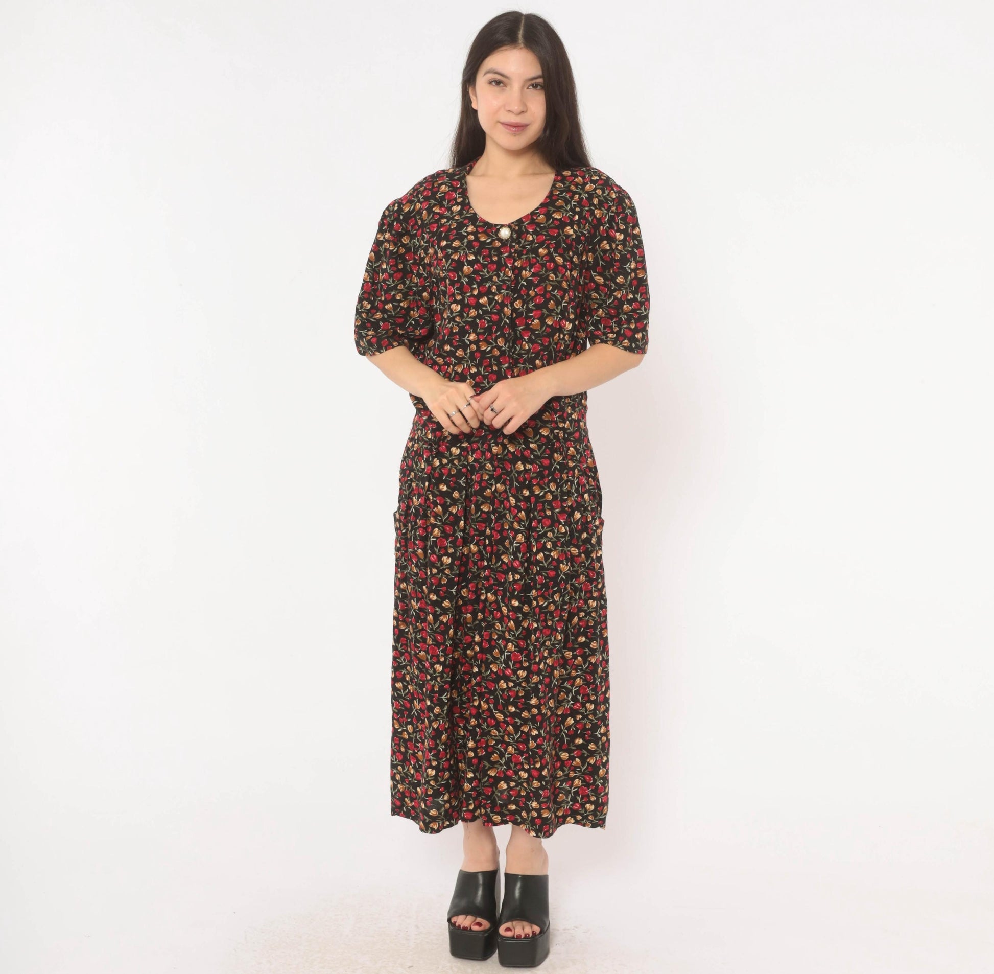 90s Periwinkle Black Tulip Maxi Dress Red Floral Puff Sleeve Plus Size XXL