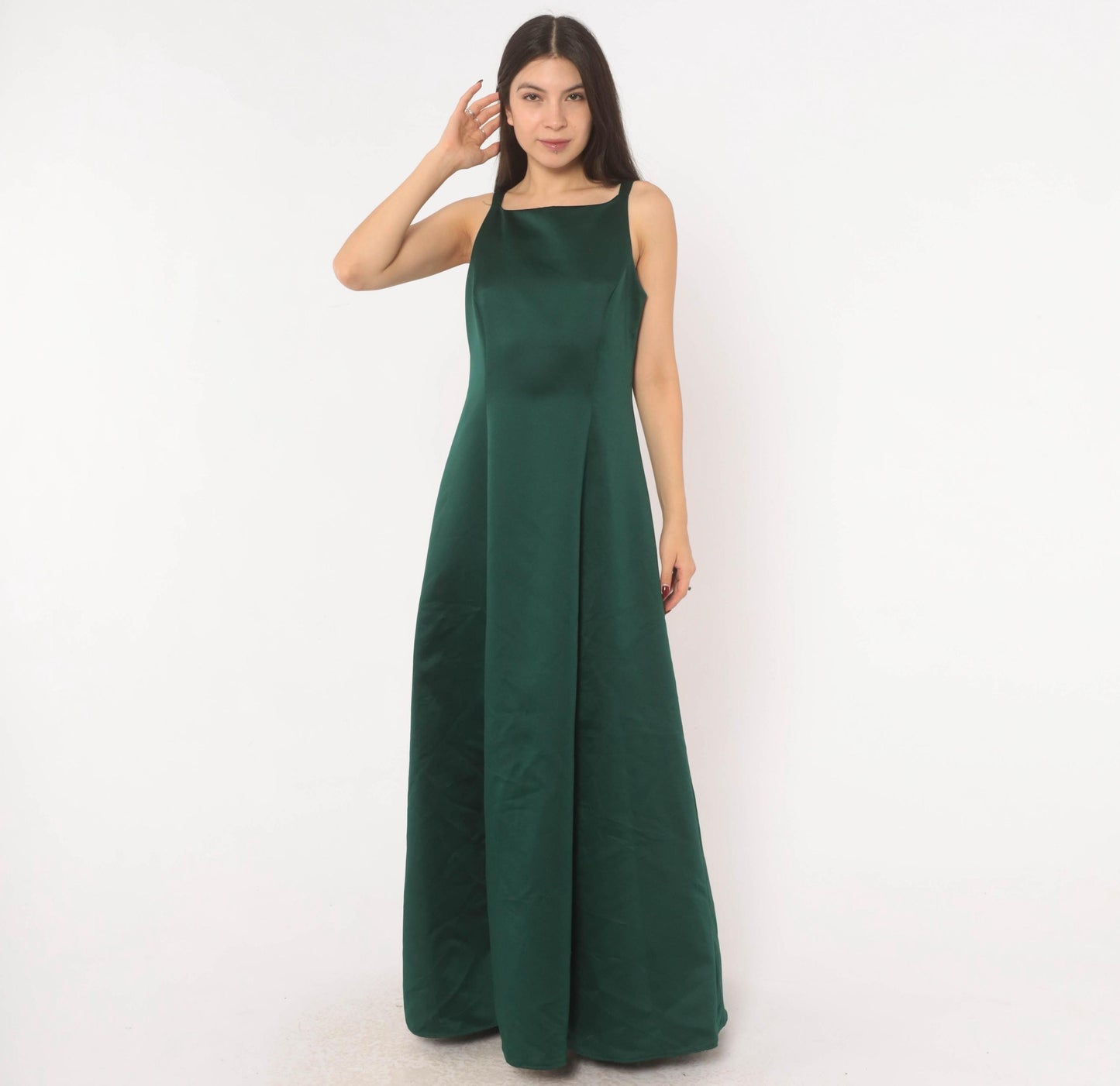 90s Betsy & Adam Emerald Satin Maxi Gown Square Neck A-Line Evening Dress Small