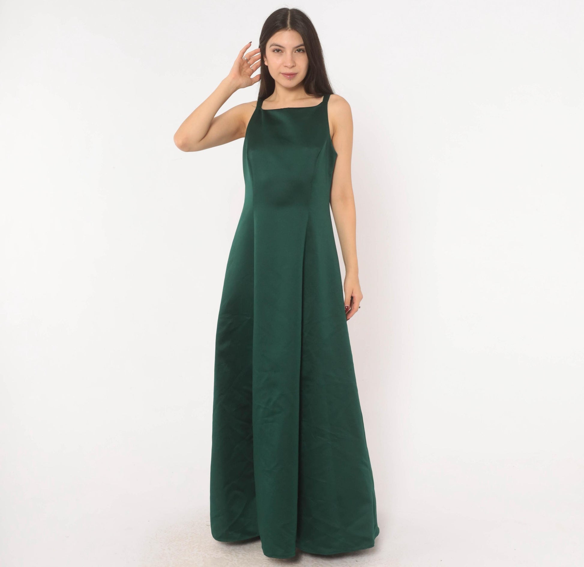 90s Betsy & Adam Emerald Satin Maxi Gown Square Neck A-Line Evening Dress Small