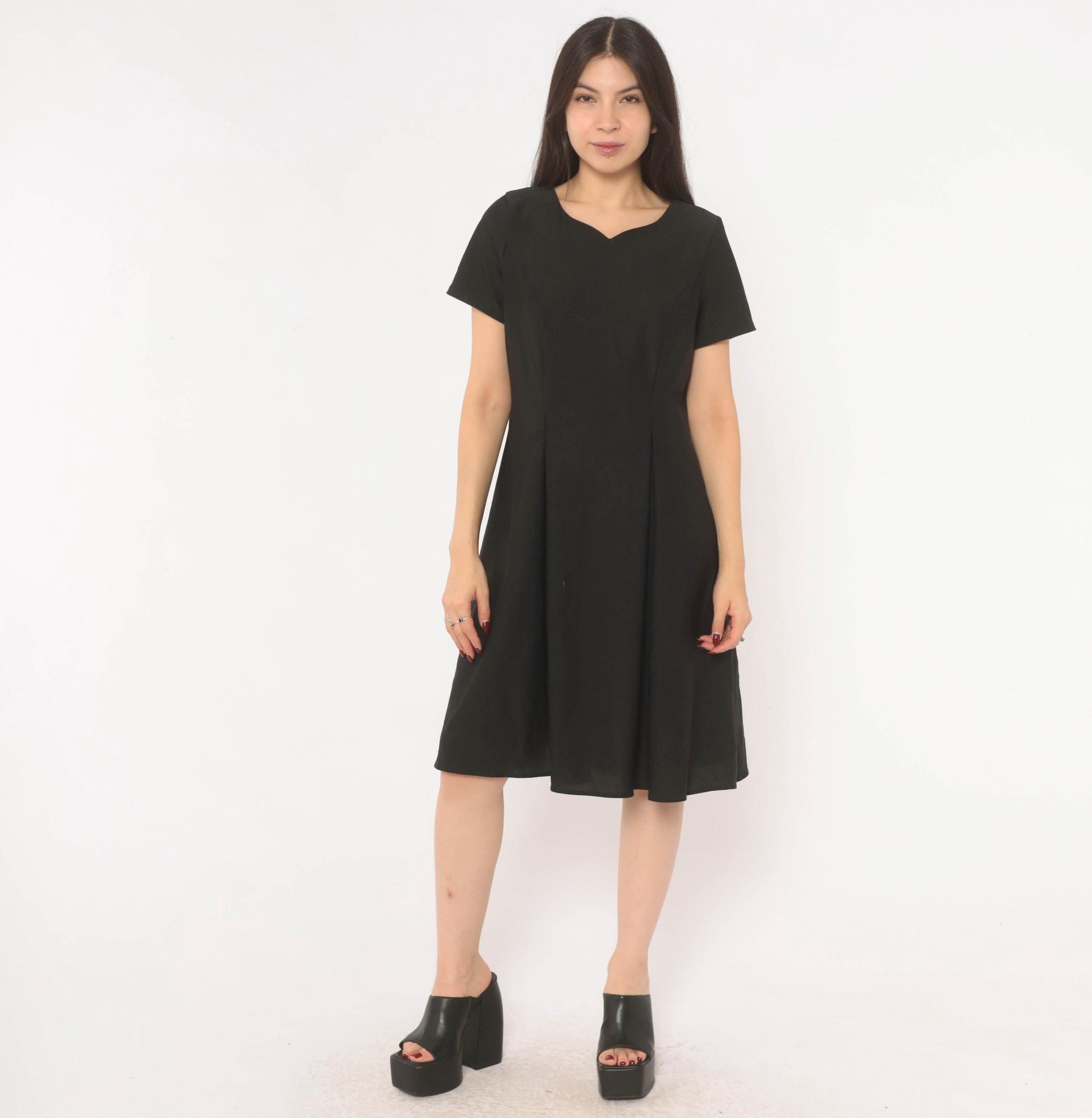 90s Black A-Line Dress Sweetheart Neckline Cap Sleeve Knee-Length Large L