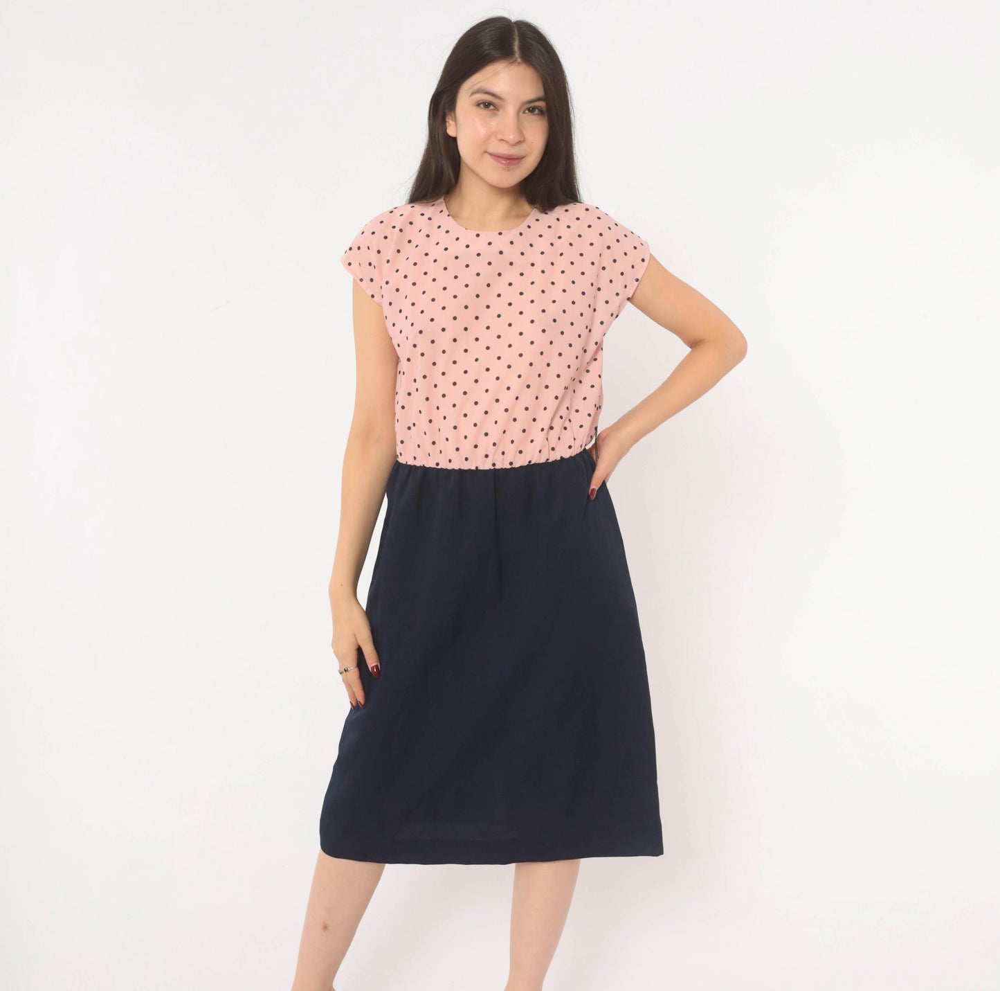 80s Two-Tone Polka Dot Dress Pink Navy Cap Sleeve A-Line Medium M