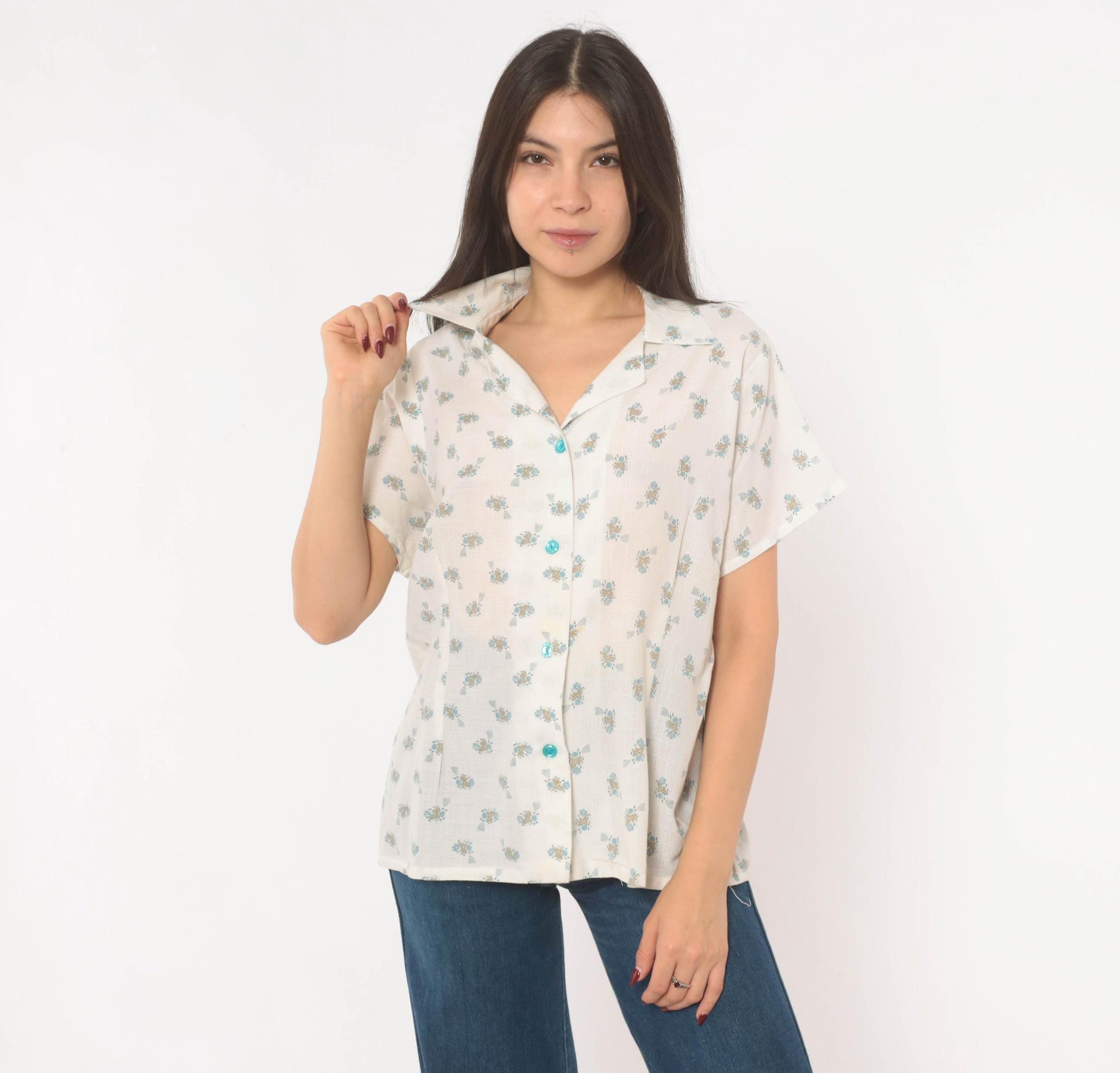 70s White Floral Camp Collar Shirt Cotton Blue Ditsy Print Large L
