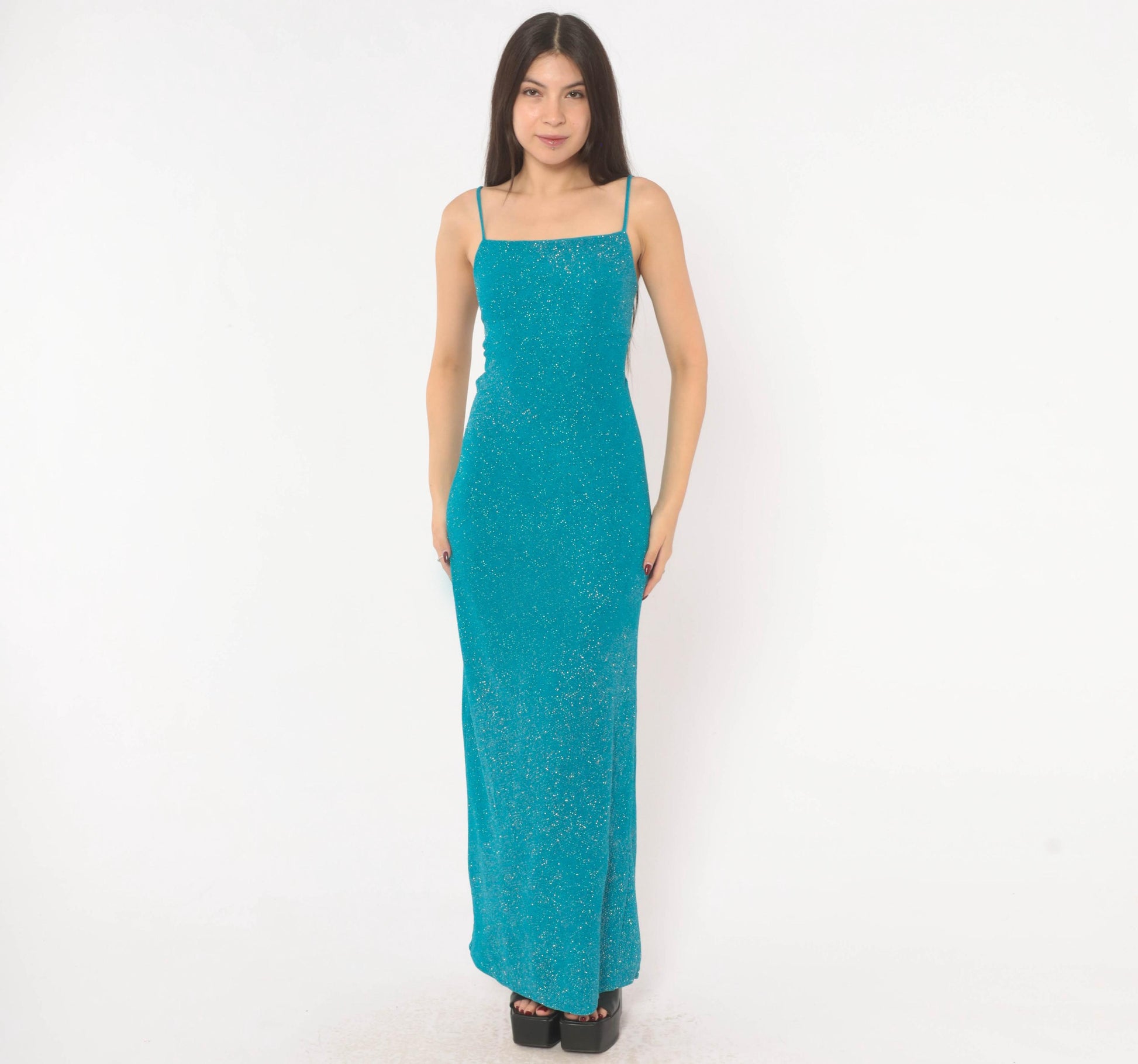2000s City Triangles Teal Glitter Maxi Dress Lace-Up Back Small