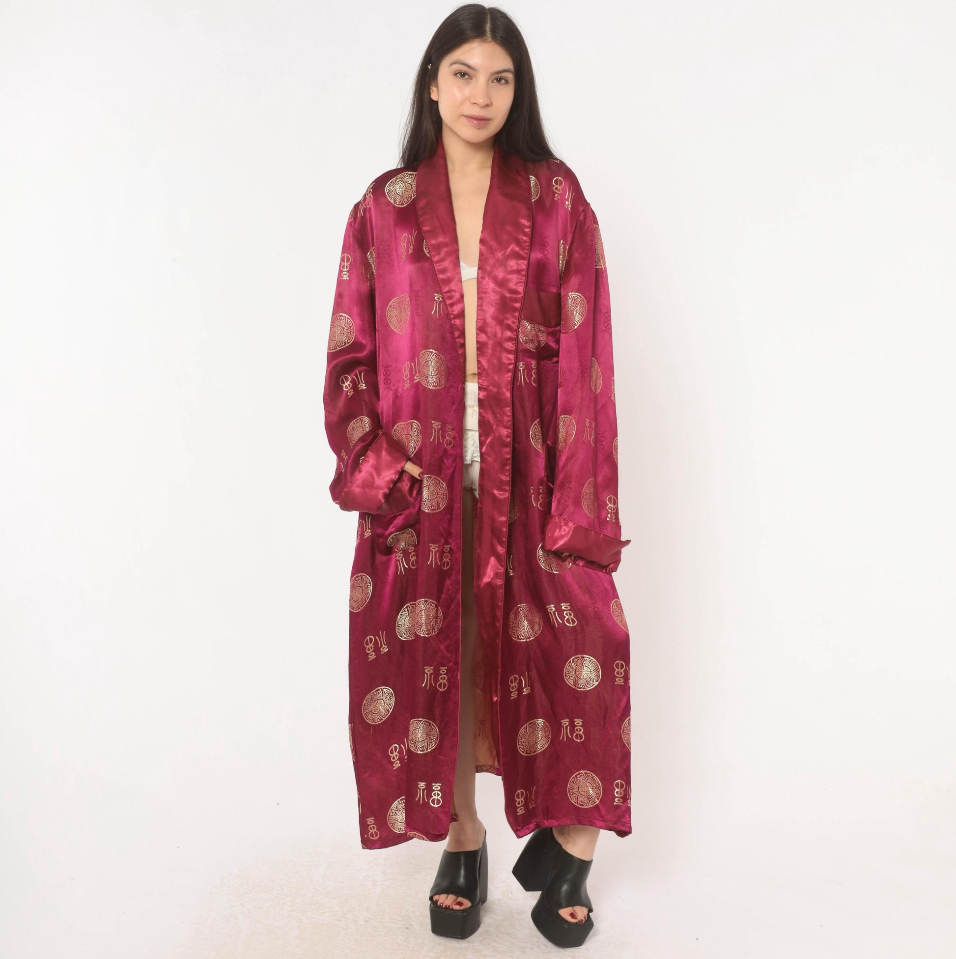 90s Magenta Satin Robe Gold Jacquard Medallion Kimono Maxi Duster Large L