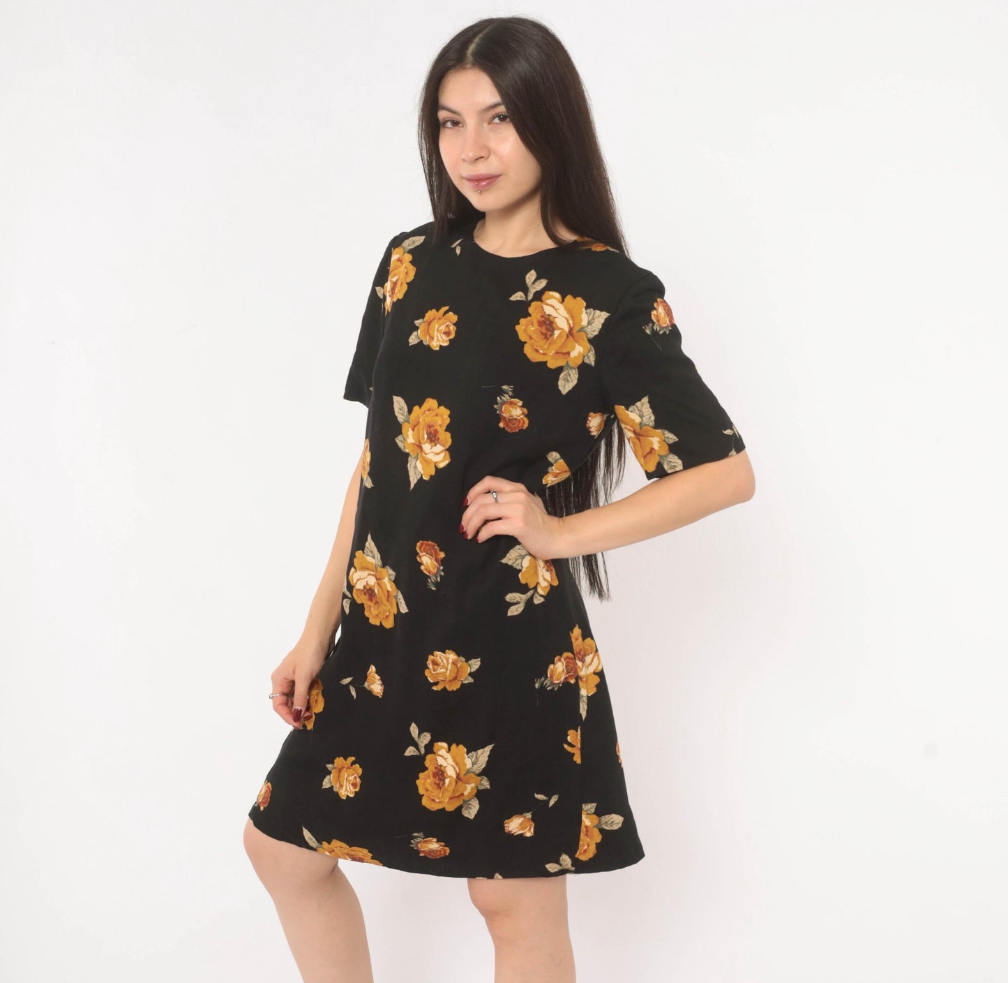 90s Black Floral Shift Dress Mustard Rose Print Cotton Crew Neck Medium M