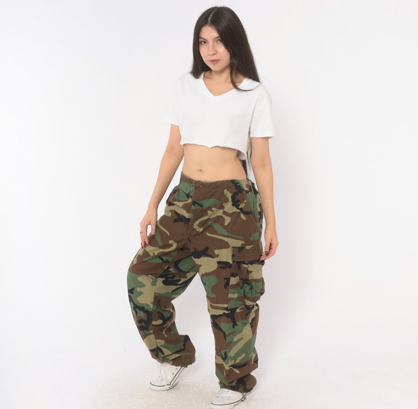 Y2K Woodland Camo Cargo Pants Olive Brown Ripstop Military BDU Large L