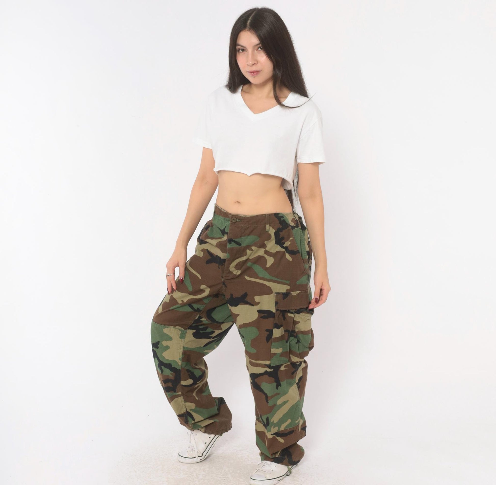 Y2K Woodland Camo Cargo Pants Olive Brown Ripstop Military BDU Large L