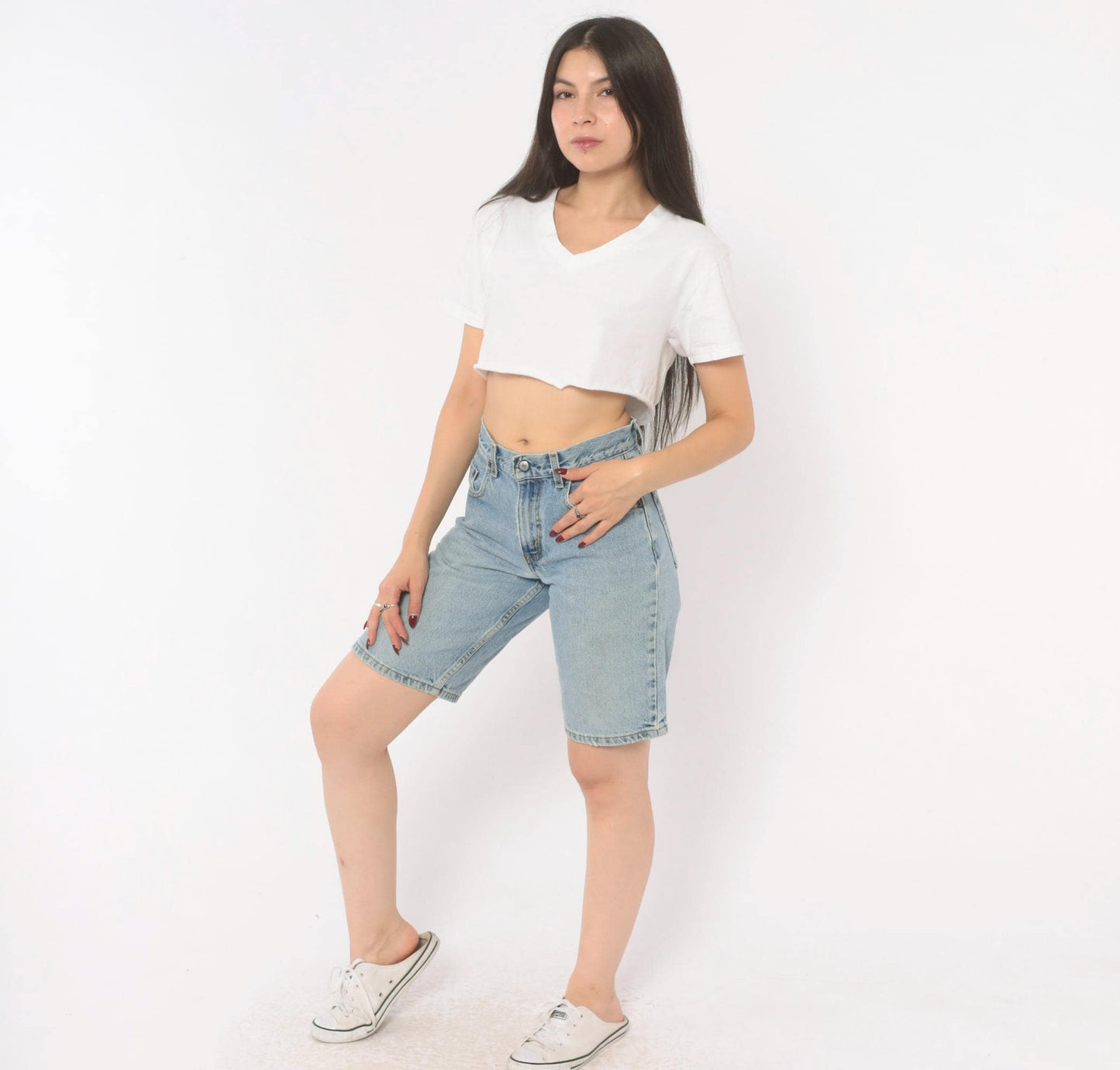 Levi's 570 Denim Shorts Light Wash High Rise Bermuda Y2K Small 27