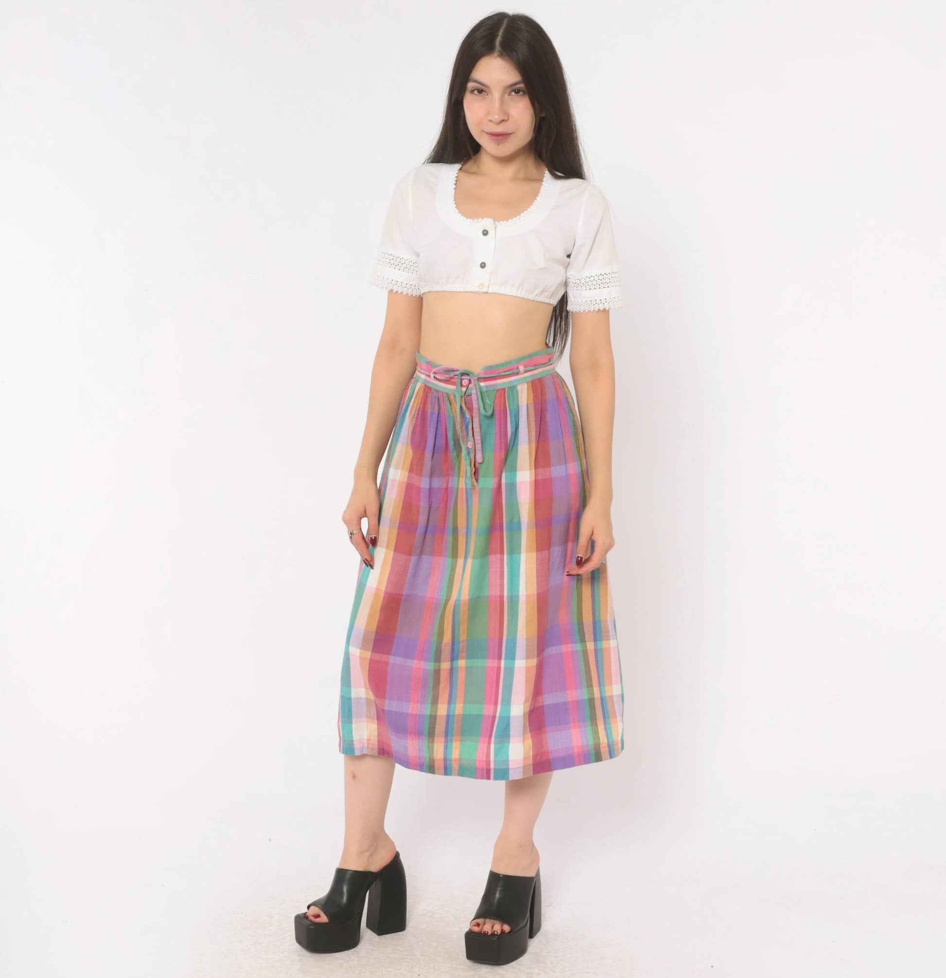 80s Michel Madras Plaid Cotton Midi Skirt Gathered A-Line Pink Teal Small