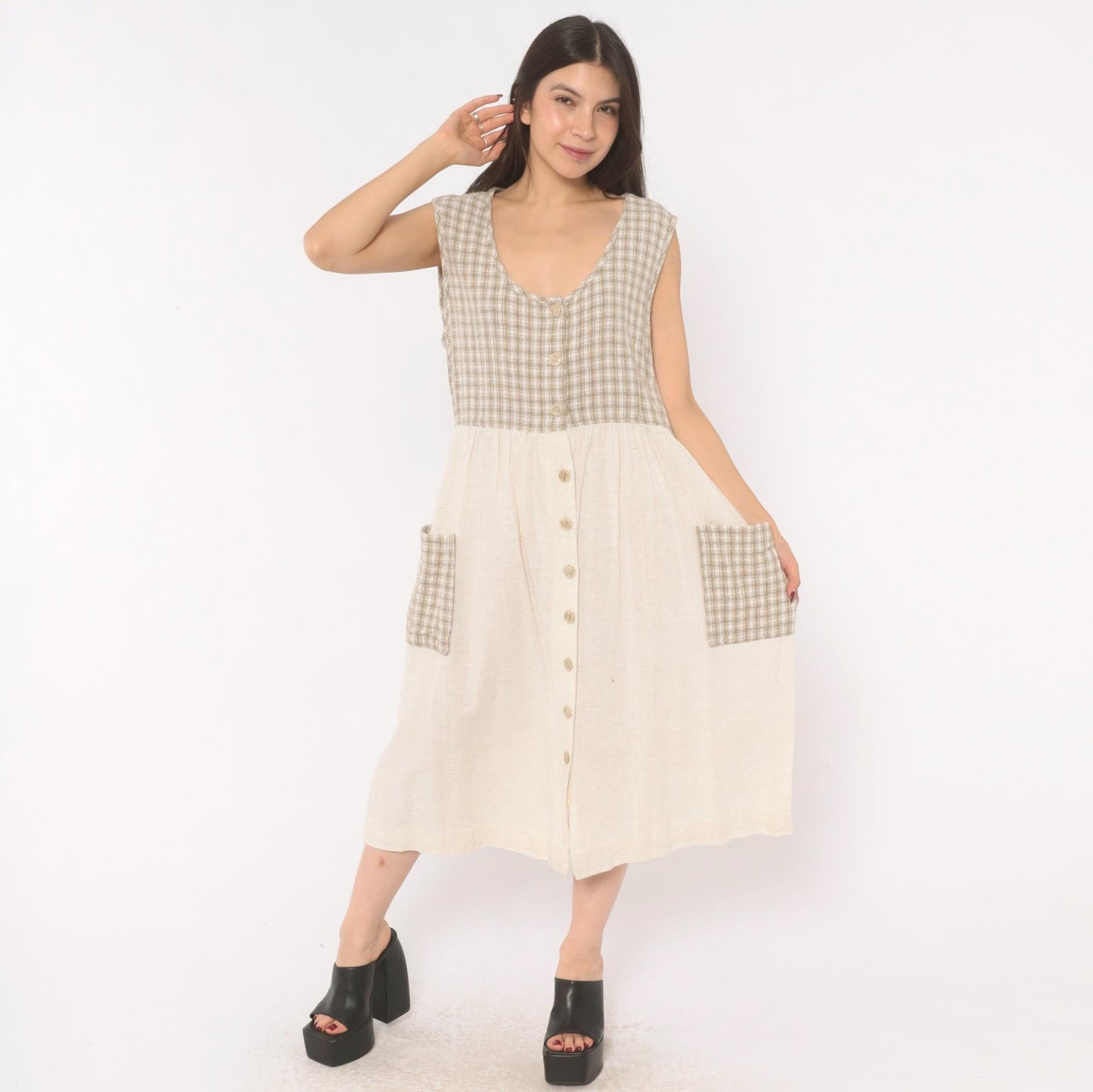 90s Two Twenty Gingham Midi Jumper Dress Tan Cream Cotton Linen Large