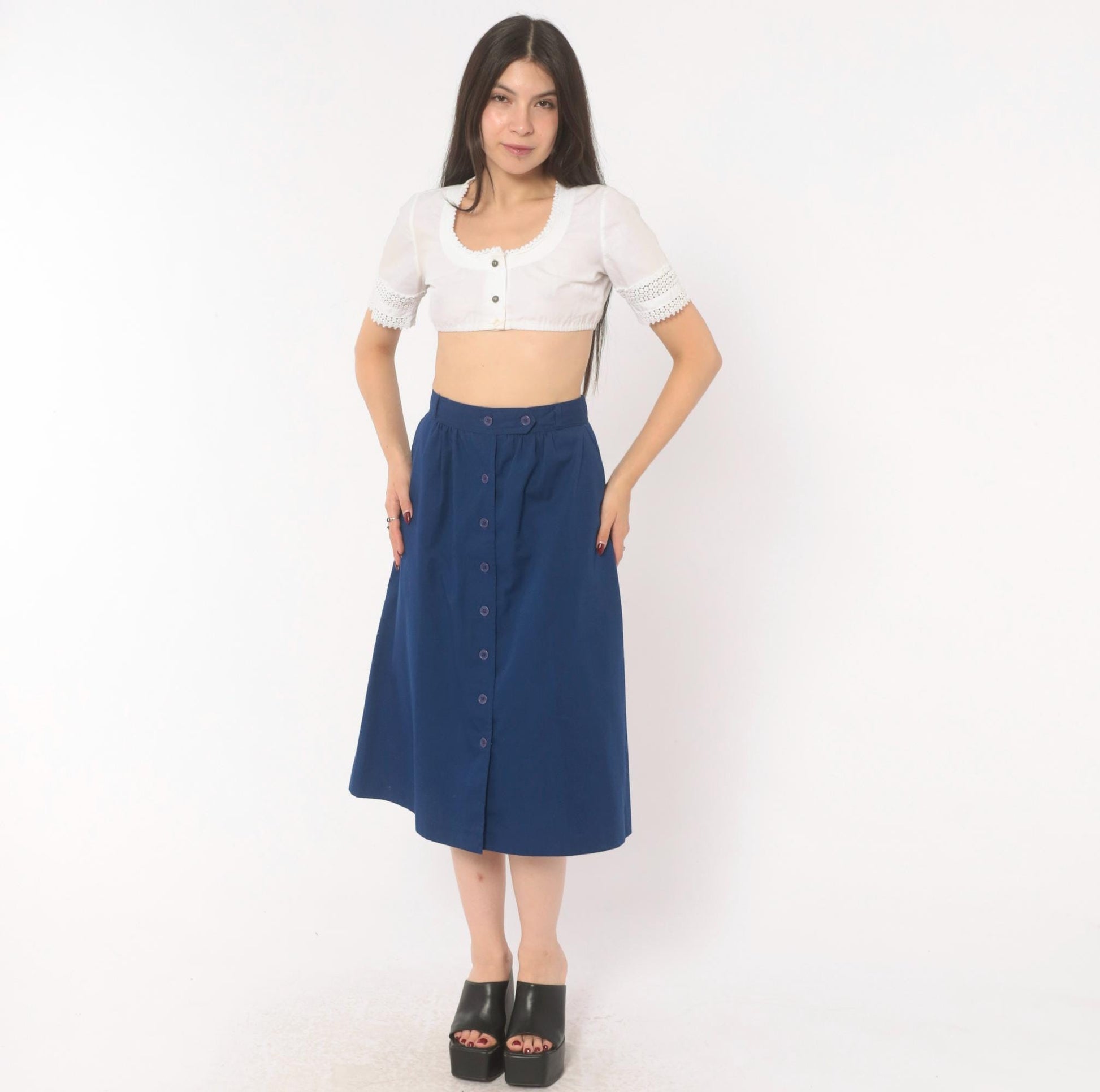 80s Navy Button Front A-Line Skirt Cotton Knee Length Medium M