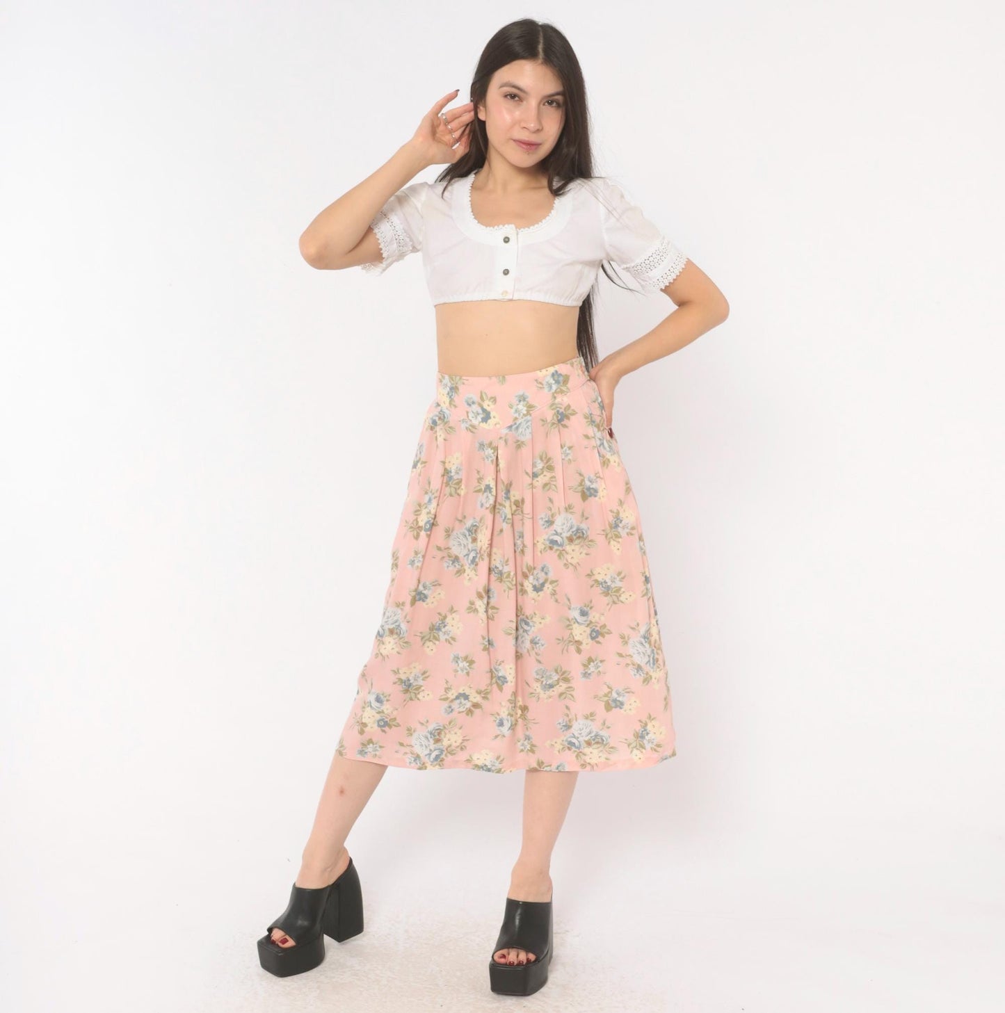 90s Russ Petites Floral Pleated Skirt Pink Rose Blue Cotton A-Line Medium
