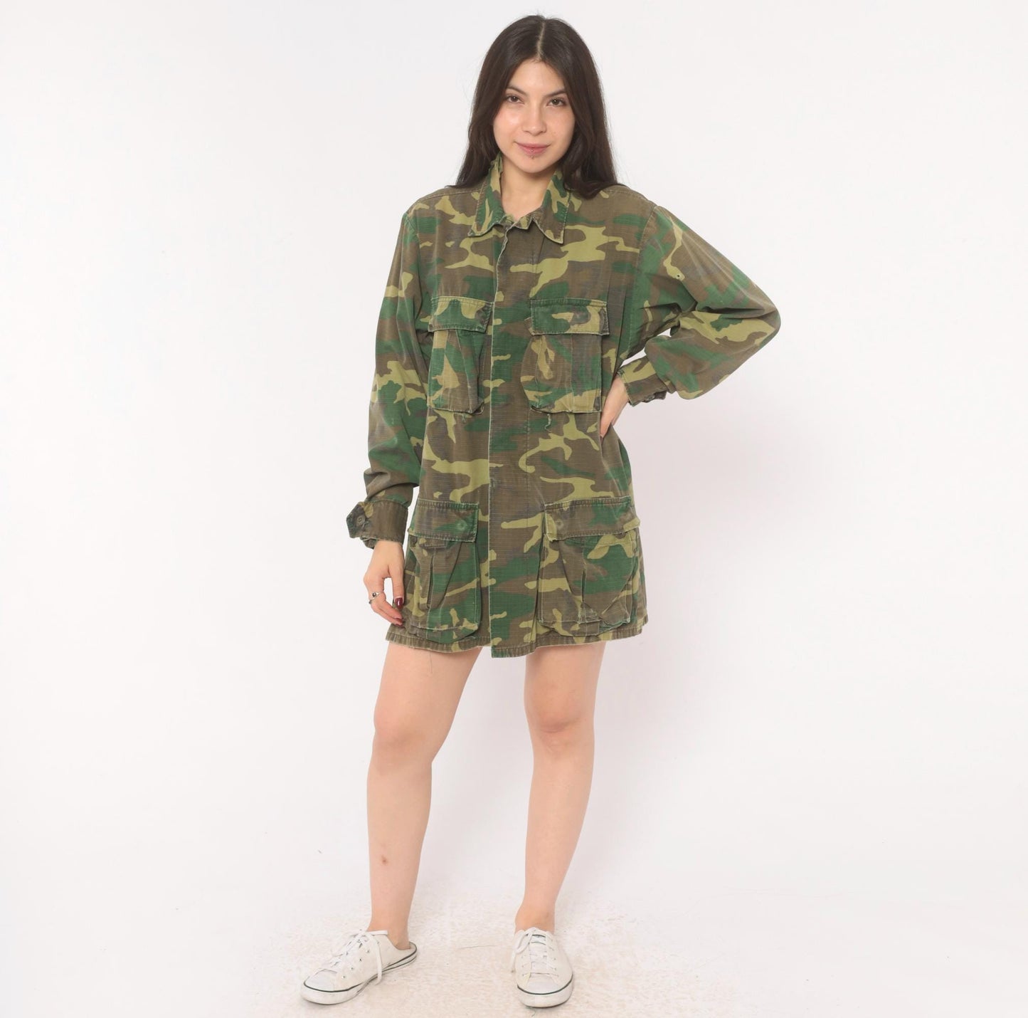 90s Woodland Camouflage Field Jacket Cotton Button Front Medium