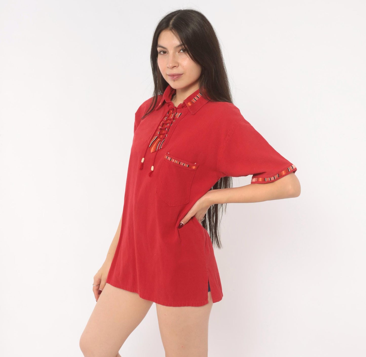 90s Red Cotton Lace-Up Tunic Shirt Southwestern Woven Trim Tassels Medium