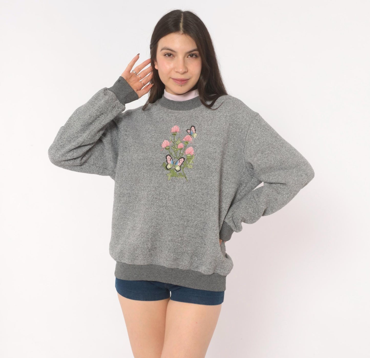 90s Bonworth Embroidered Butterfly Floral Sweatshirt Grey Crewneck Large L