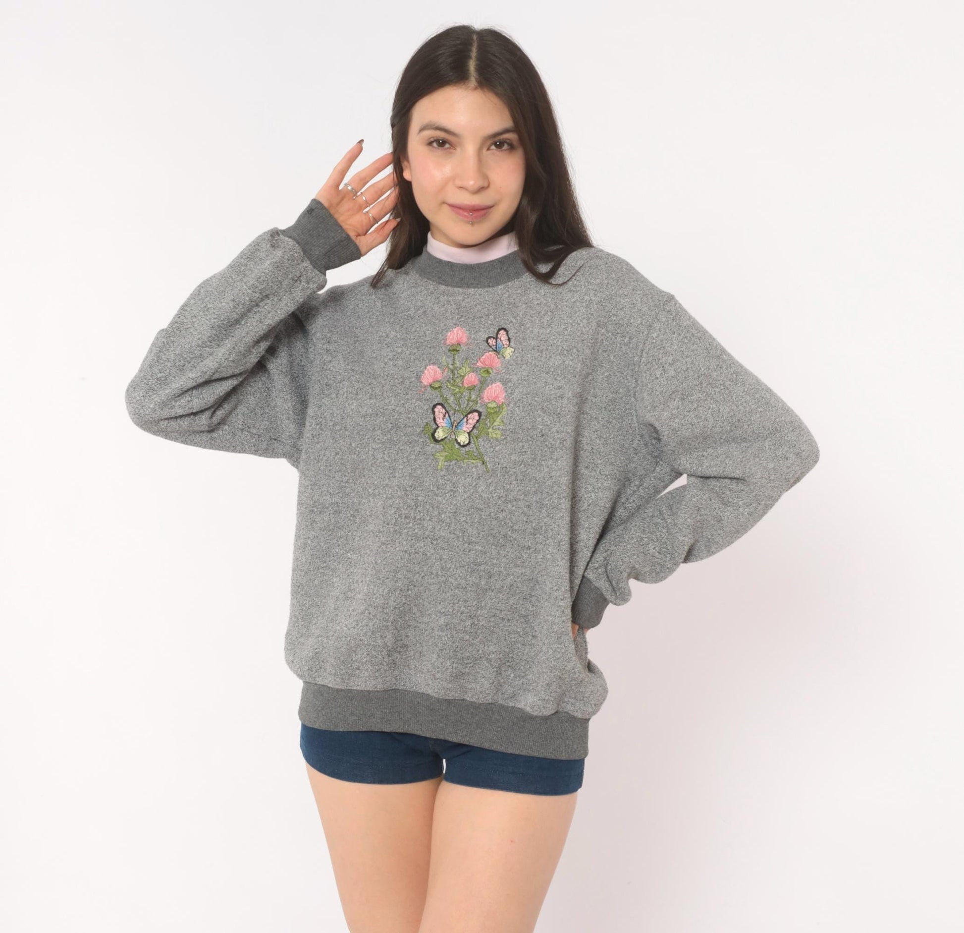 90s Bonworth Embroidered Butterfly Floral Sweatshirt Grey Crewneck Large L