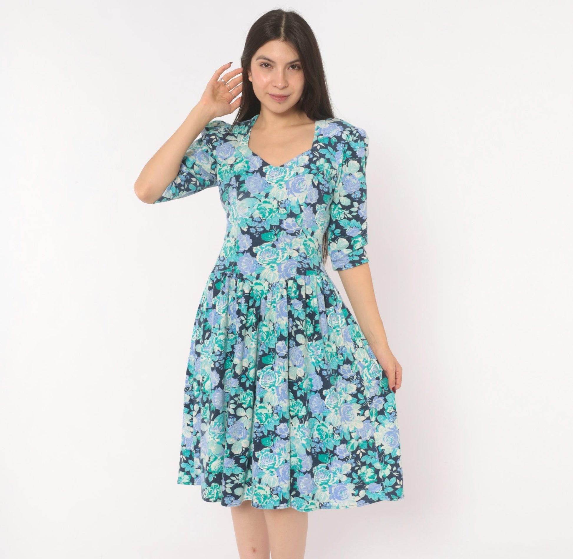 80s Stash Floral Dress Rose Print Sweetheart Neckline Puff Sleeve Navy Extra Small XS