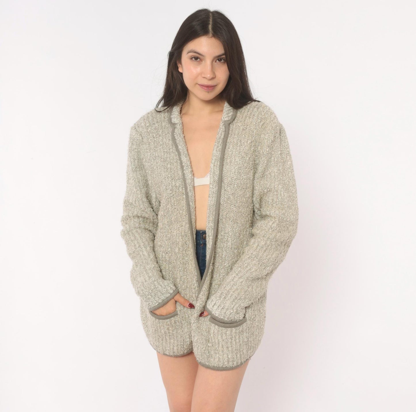 70s Harrington Square Bouclé Cardigan Grey Patch Pocket Knit Large L