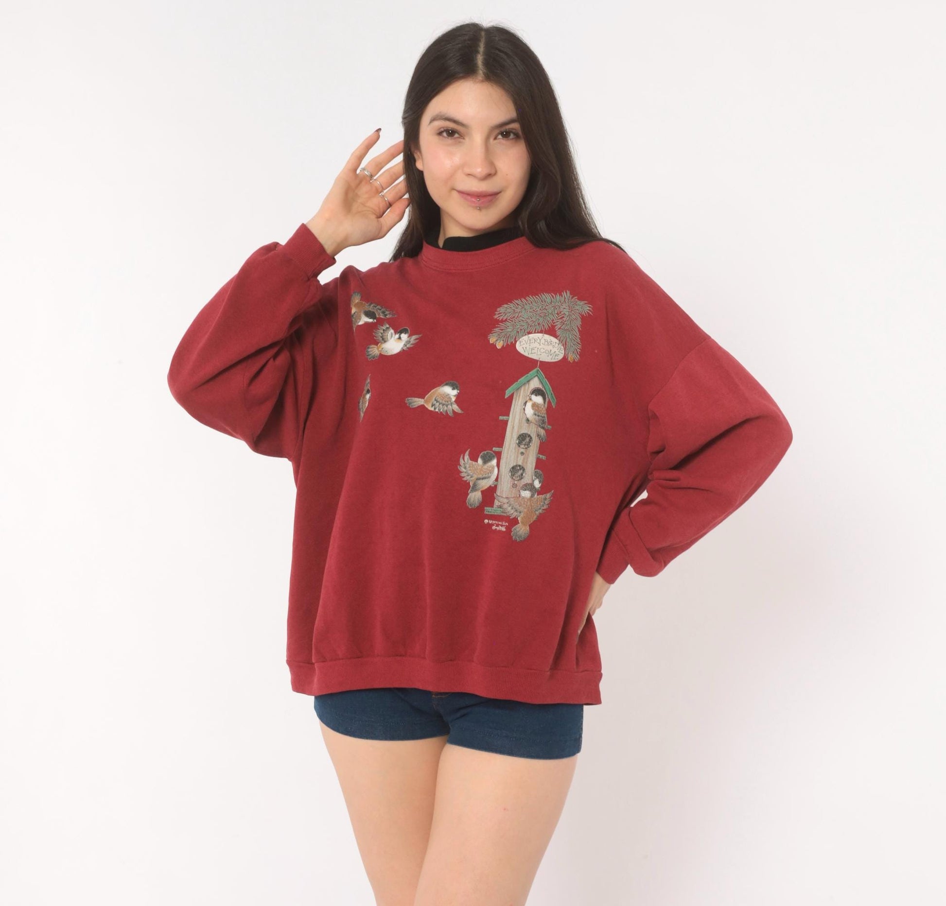 90s Morning Sun Burgundy Bird Birdhouse Crewneck Sweatshirt Cotton Large L