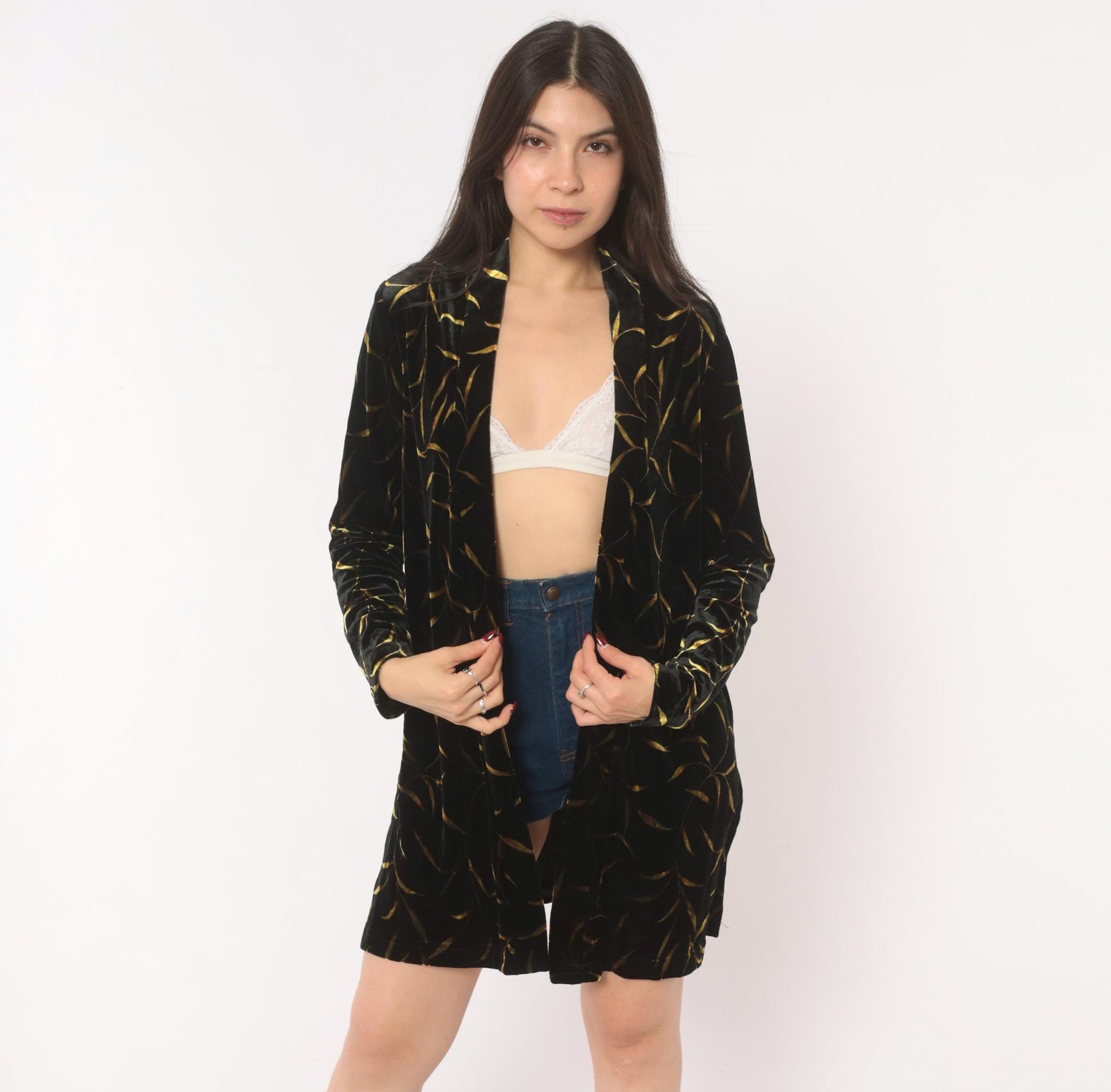 90s Ronni Nicole Black Velvet Duster Gold Leaf Botanical Print Shawl Collar Small Medium