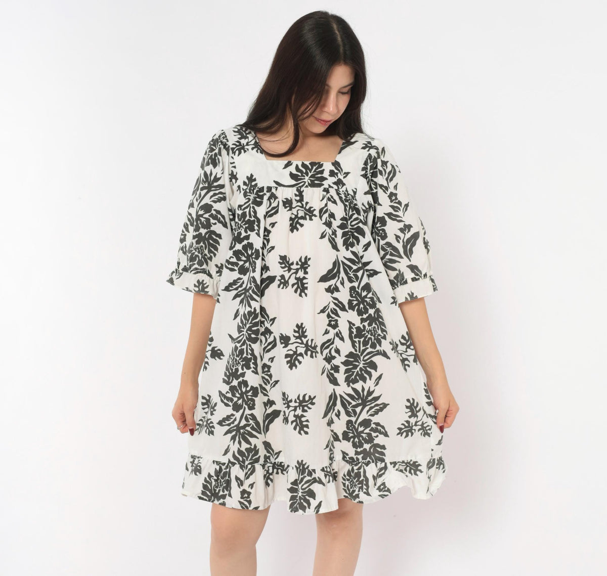90s Nani Liberty House Hawaiian Floral Square Neck Puff Sleeve Dress Black White Small S