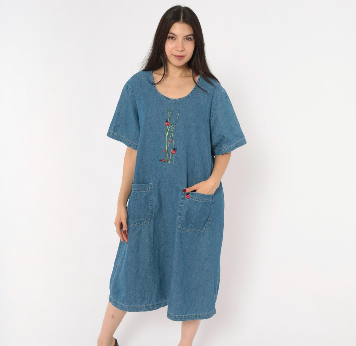 90s Blair Ladybug Embroidered Denim Shift Dress Blue Knee-Length Extra Large