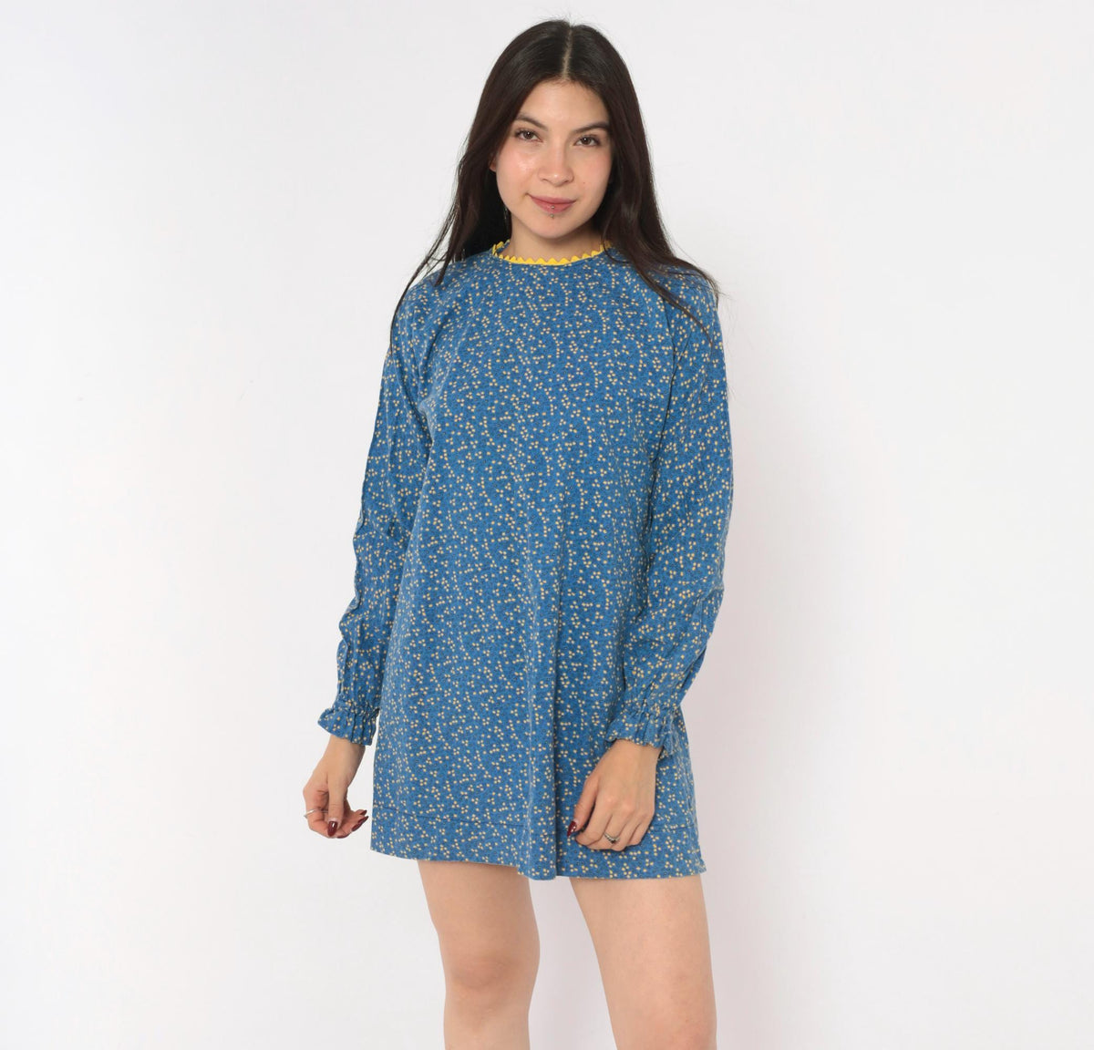 70s Ditsy Floral Cotton Mini Dress Blue Yellow Ric Rac Long Sleeve Extra Small XS