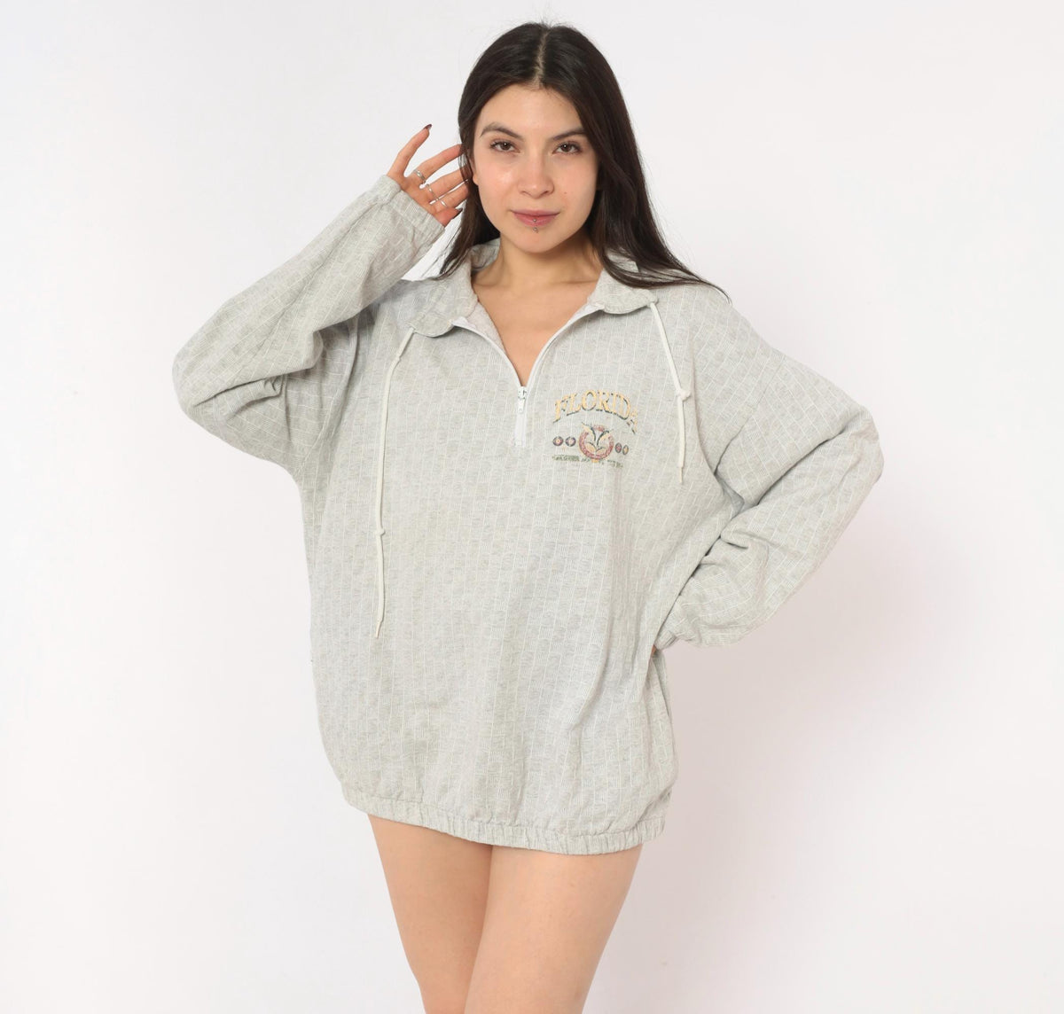 90s Tropical Casuals Florida Half-Zip Pullover Grey Cotton Waffle Knit Large