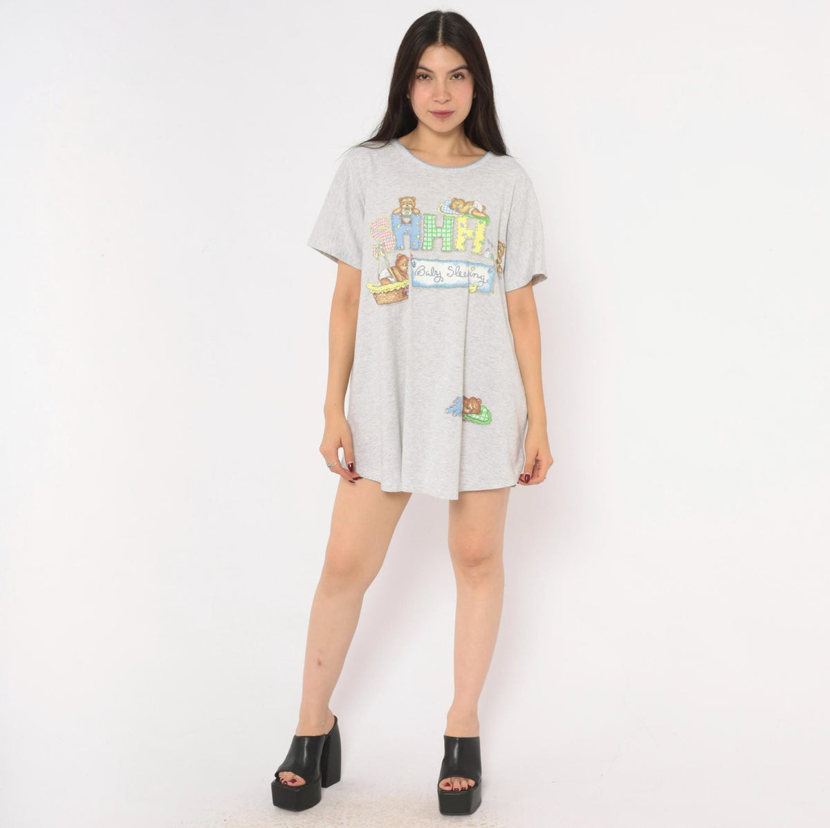 90s New Addition Maternity Sleep Shirt Grey Teddy Bear Graphic Medium