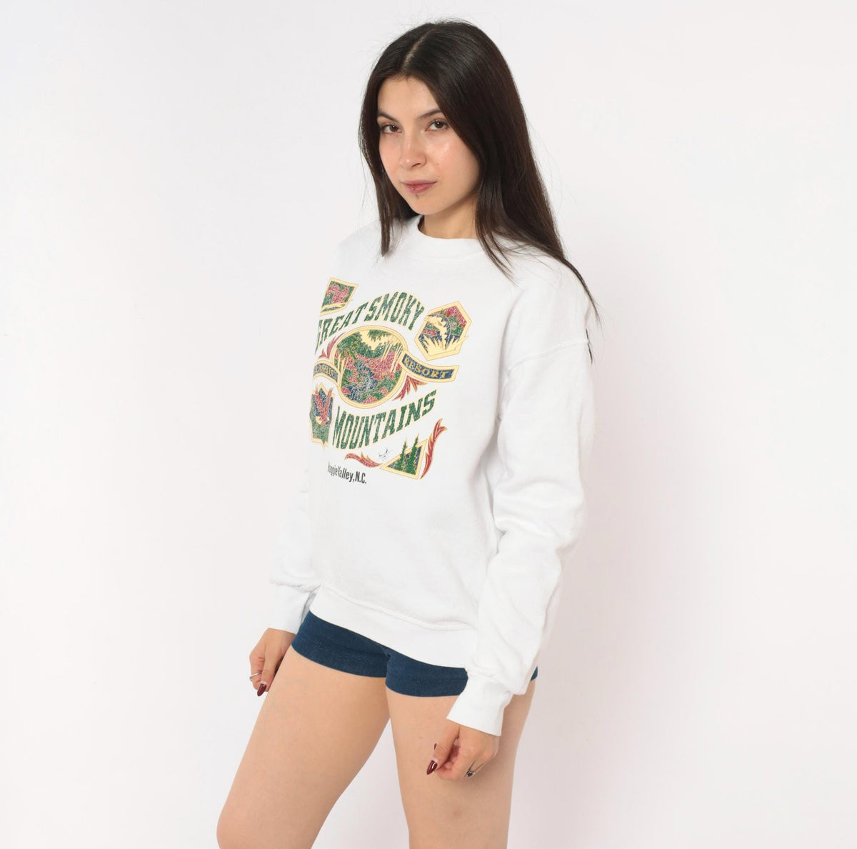 90s Great Smoky Mountains Fruit Of The Loom Crewneck Sweatshirt White Medium M