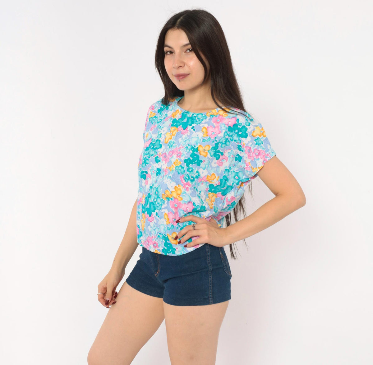 80s Watercolor Floral Crop Top Teal Pink Periwinkle Cap Sleeve Medium