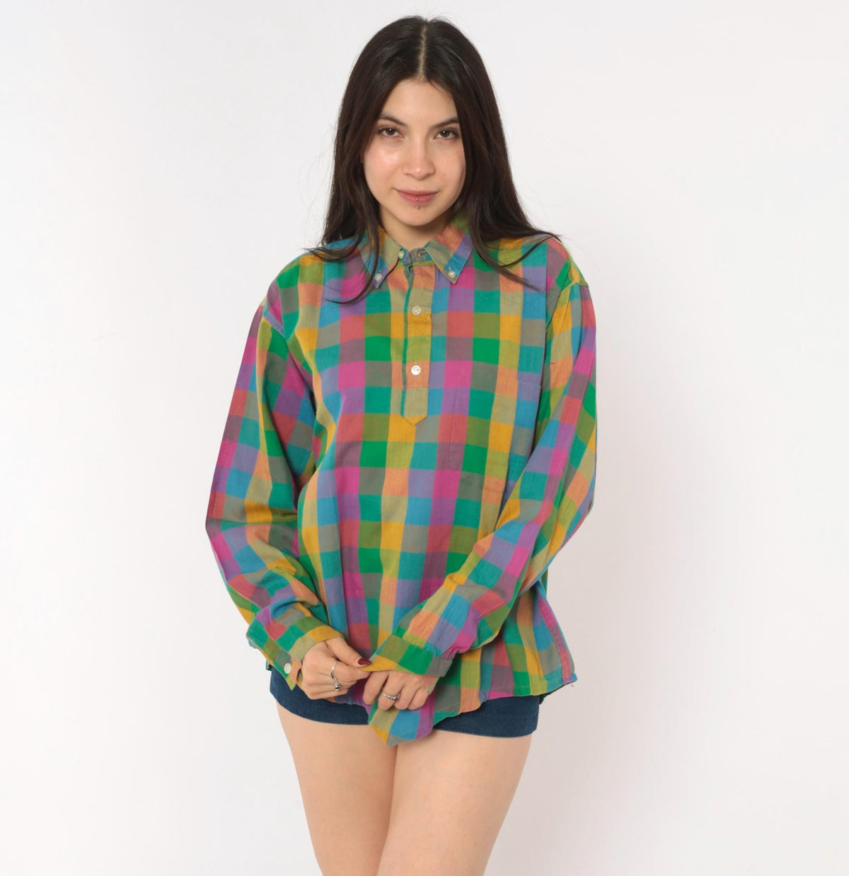 70s Career Club Madras Plaid Button-Down Shirt Multicolor Gingham Large L