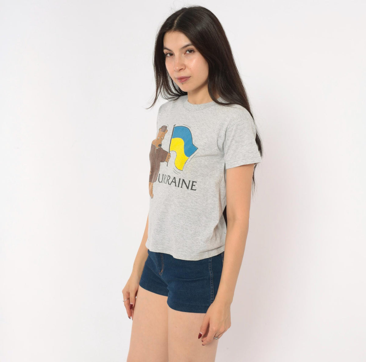 80s Screen Stars Ukraine Bear Graphic Baby Tee Grey Heather Extra Small XS