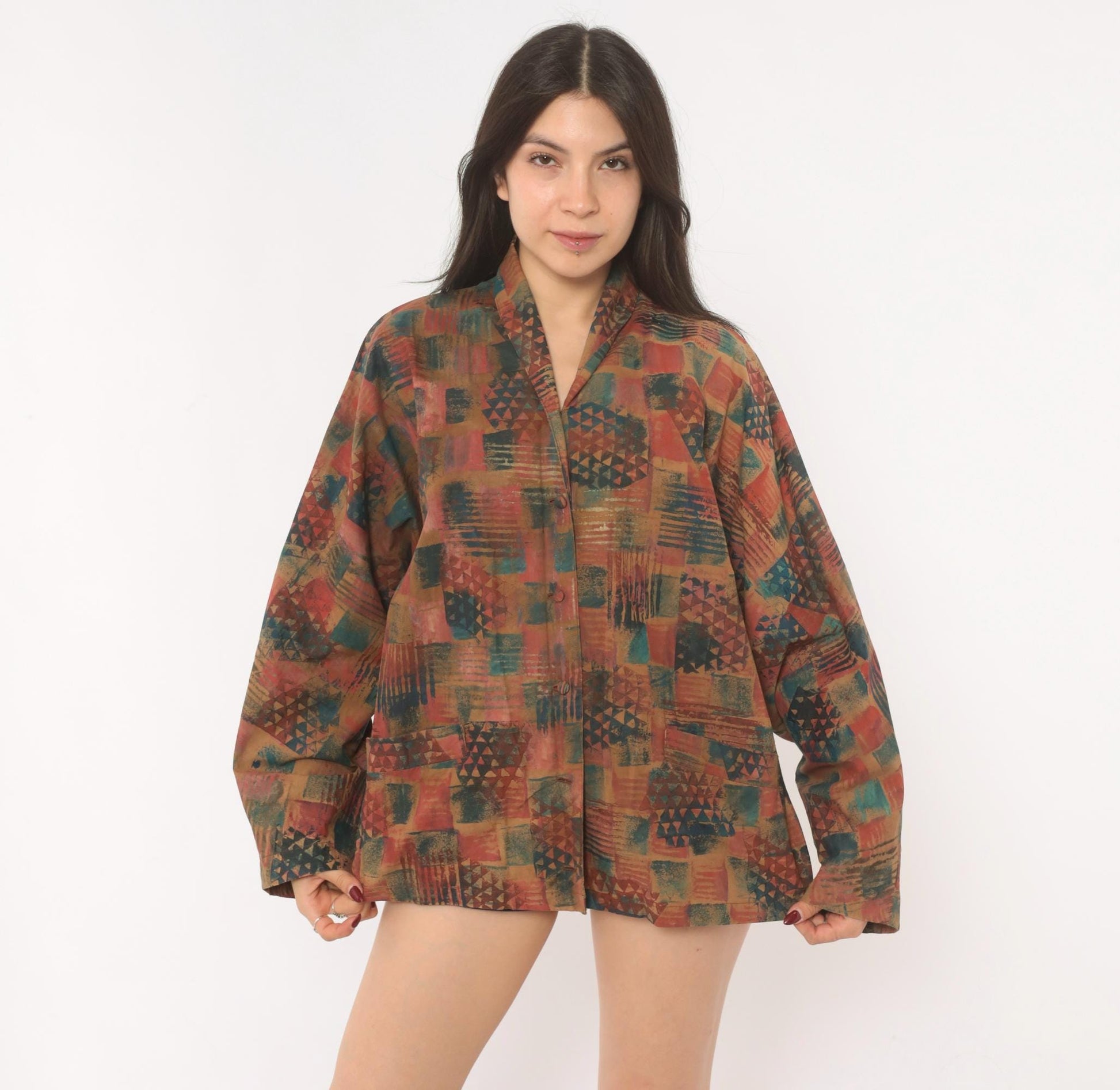 Y2K Abstract Geometric Blazer Shawl Collar Patchwork Rust Teal Medium M