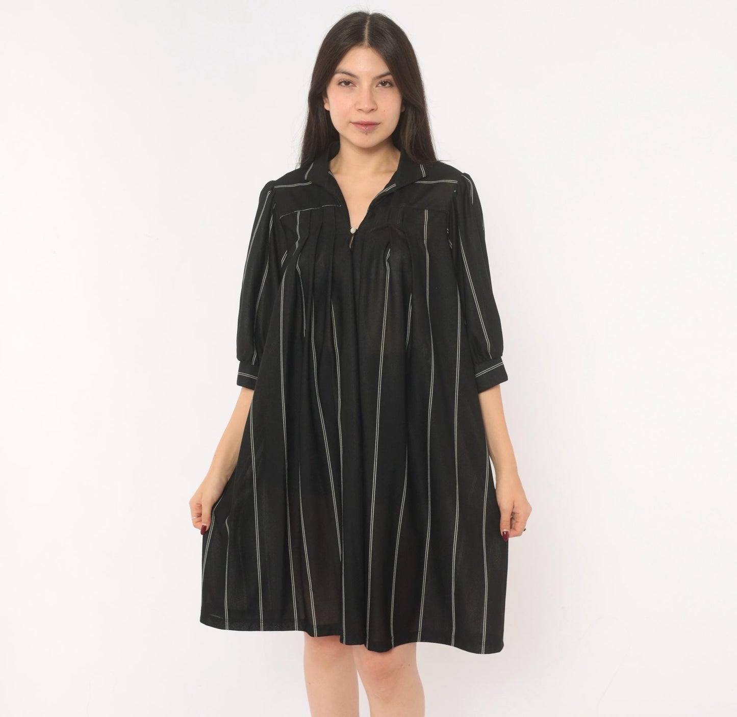 70s Black Pinstripe Shirt Dress Knee-Length Collared Button Front Medium