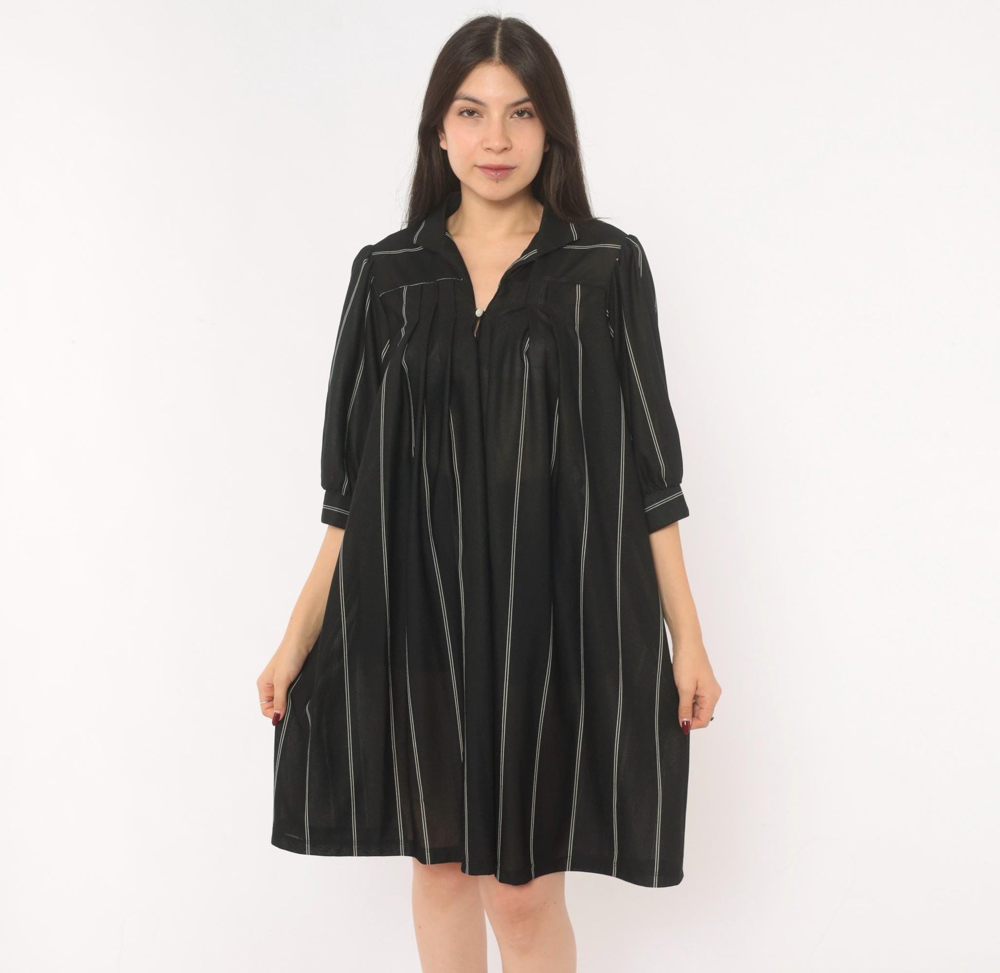 70s Black Pinstripe Shirt Dress Knee-Length Collared Button Front Medium